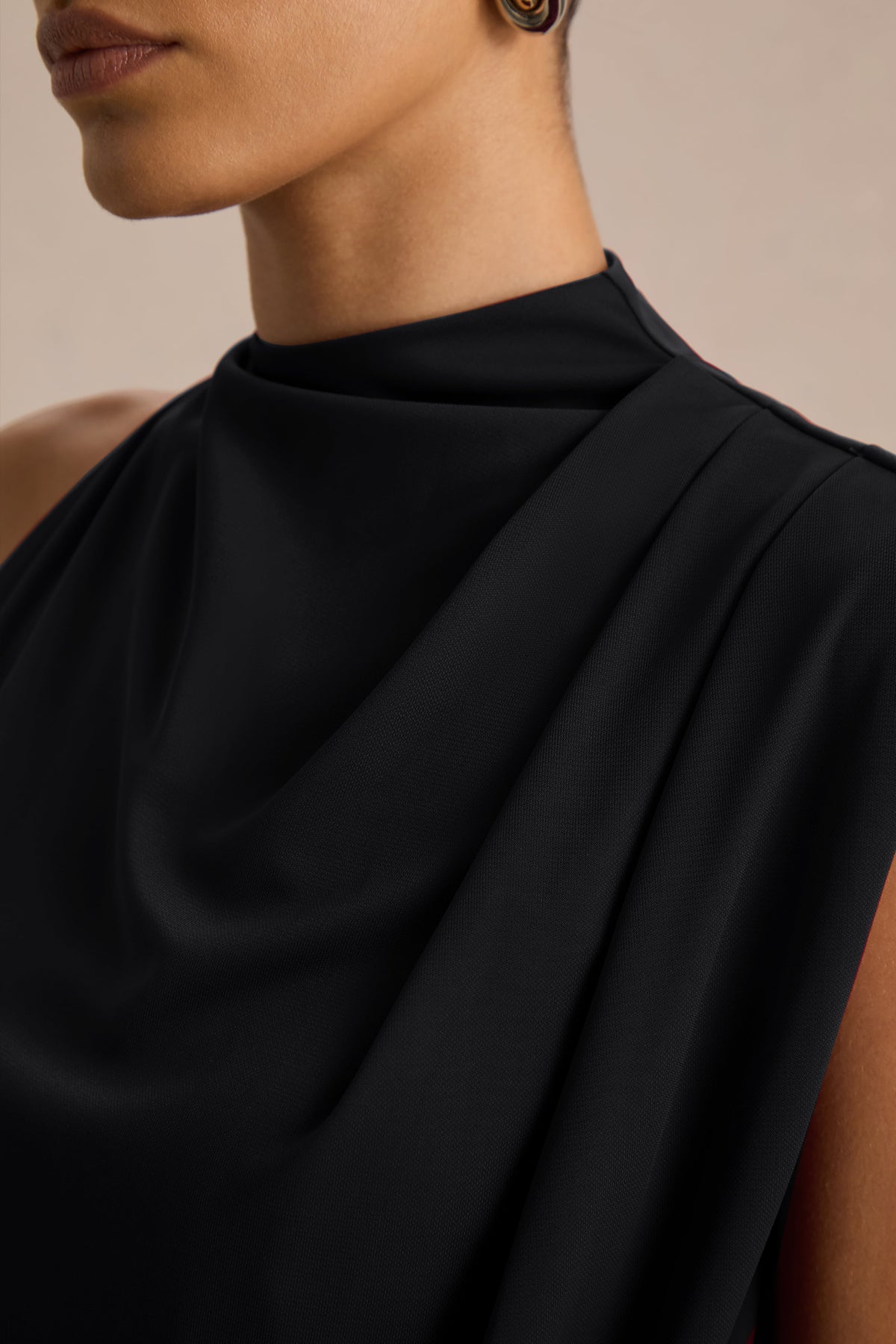 Umaira | Black Ruched High Neck Maxi Dress With Draped Detailing