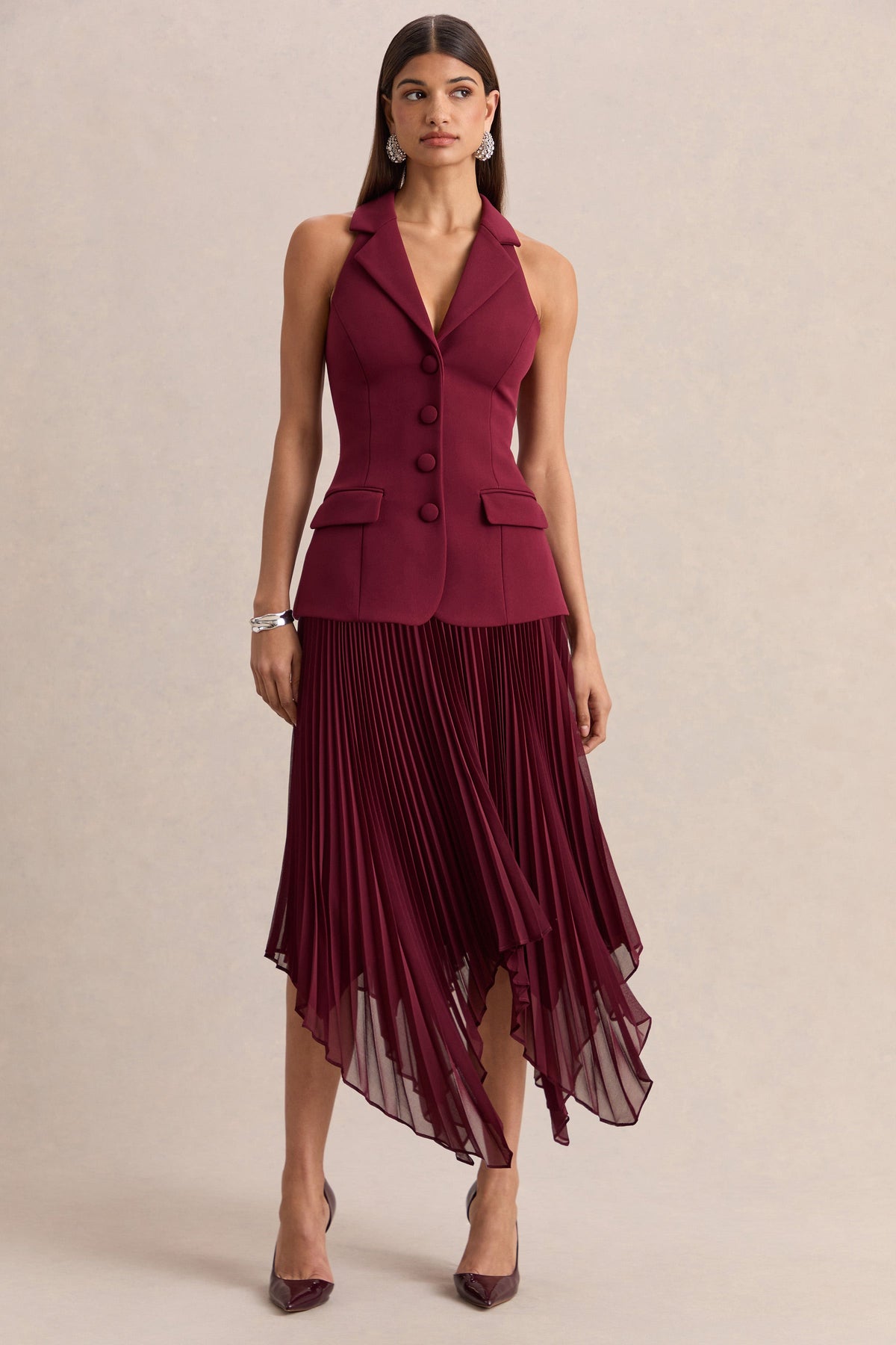 Marvelle | Burgundy V Neck Maxi Dress With Pleated Skirt