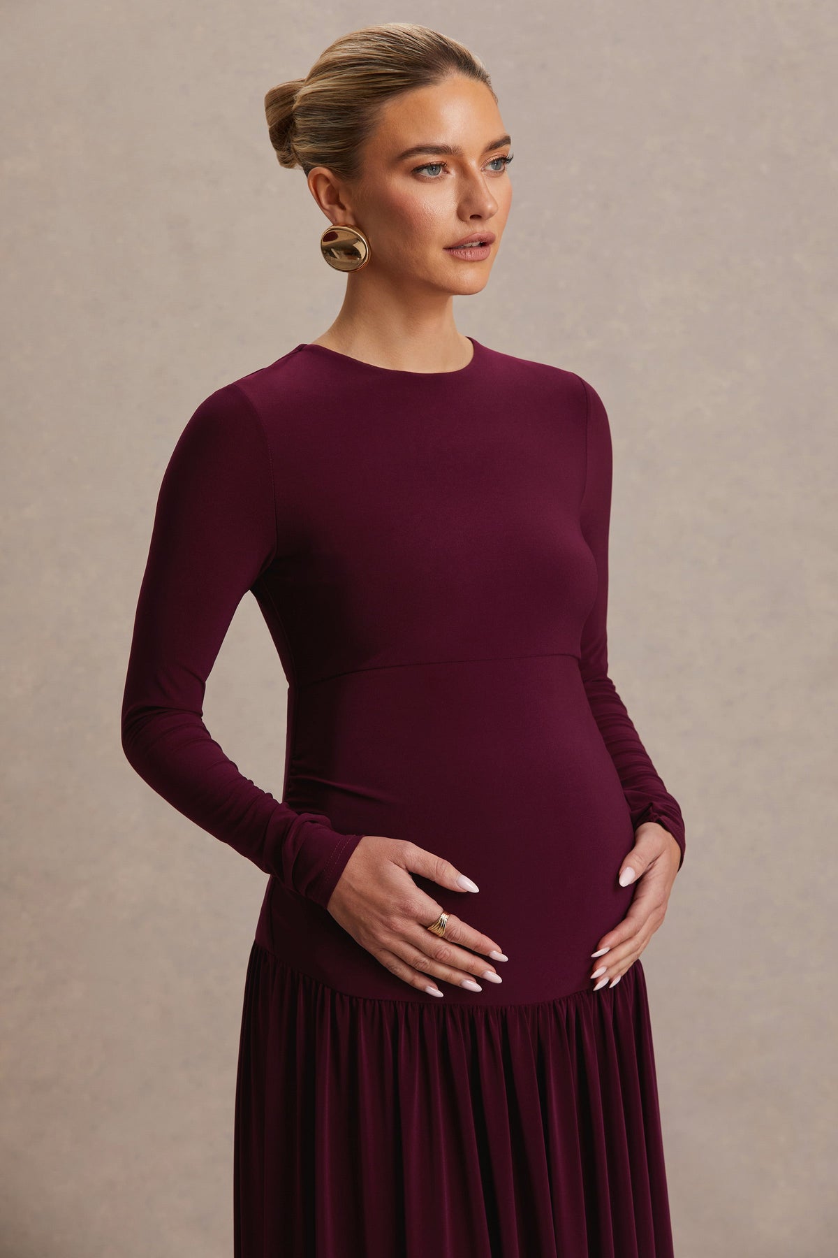 Monroe | Burgundy Crew-Neck Maternity Maxi Dress With Drop-Waist