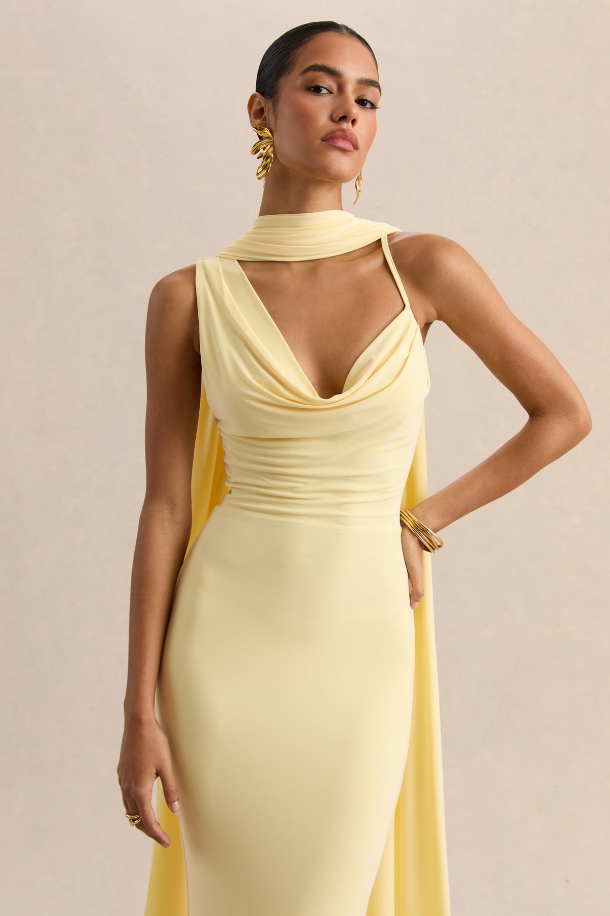 Armelia | Lemon Jersey Cowl Maxi Dress With Scarf Detail