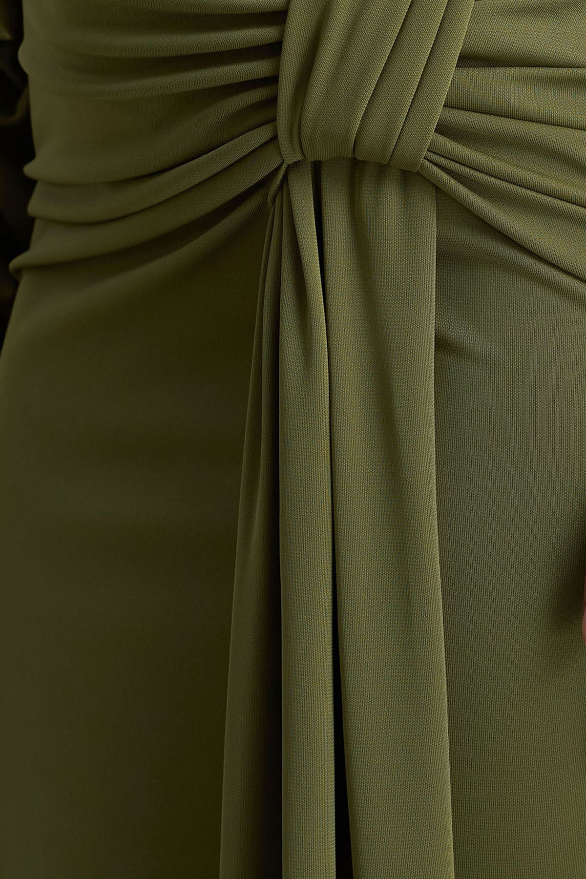 Layla | Olive Asymmetric-Neck Wrap Maxi Dress With Body Cut-Out And Ruched Detailing