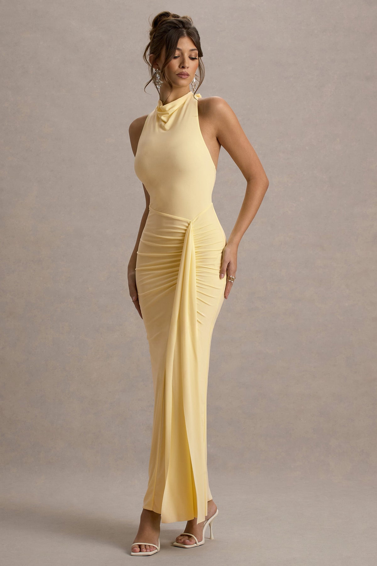 Sunflower | Pale Lemon Jersey Cowl Maxi Dress With Gathered Detailing And Split