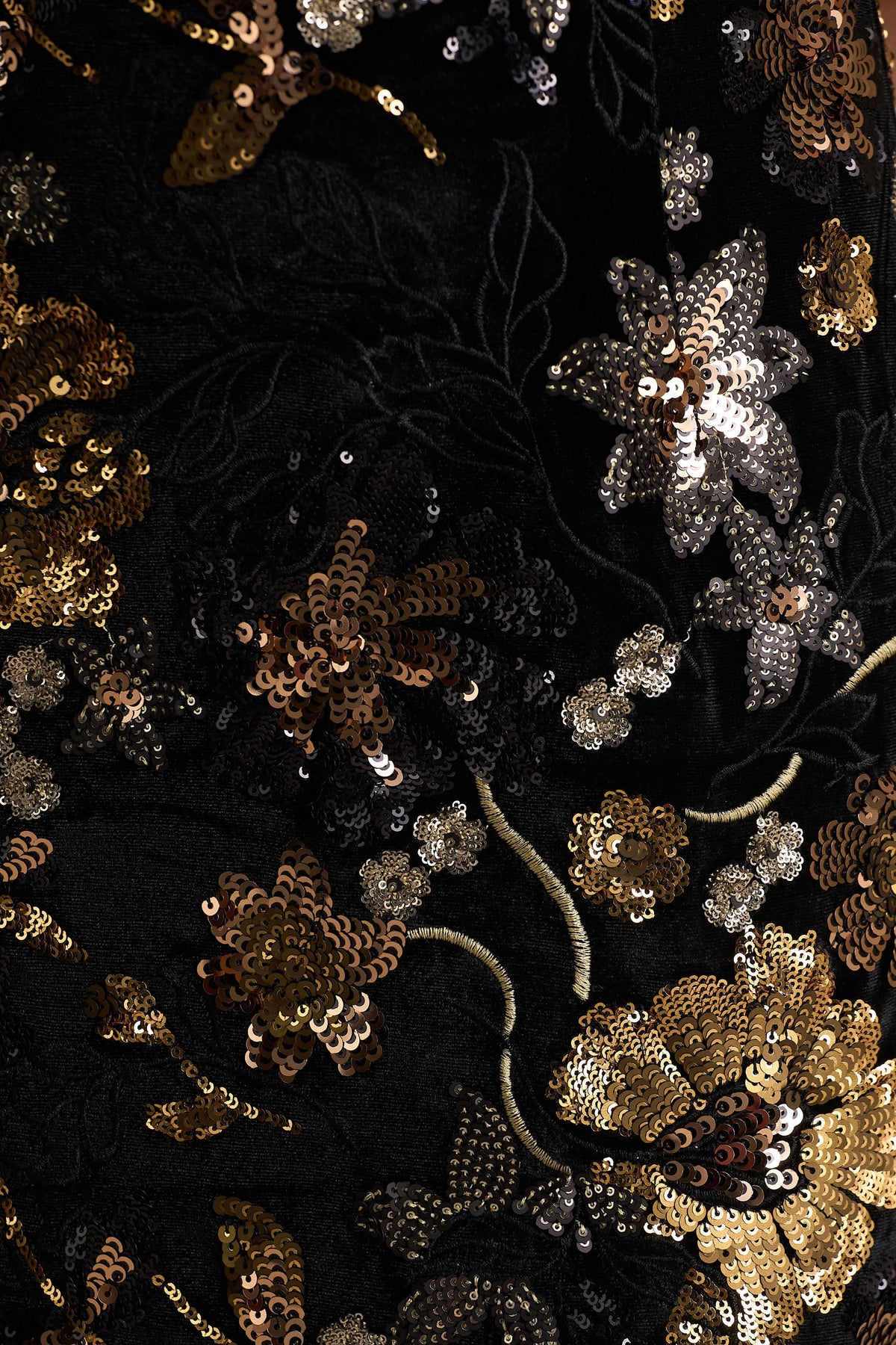Tate | Black Velvet Halter-Neck Maxi Dress With Bronze Floral Sequin Embellishments
