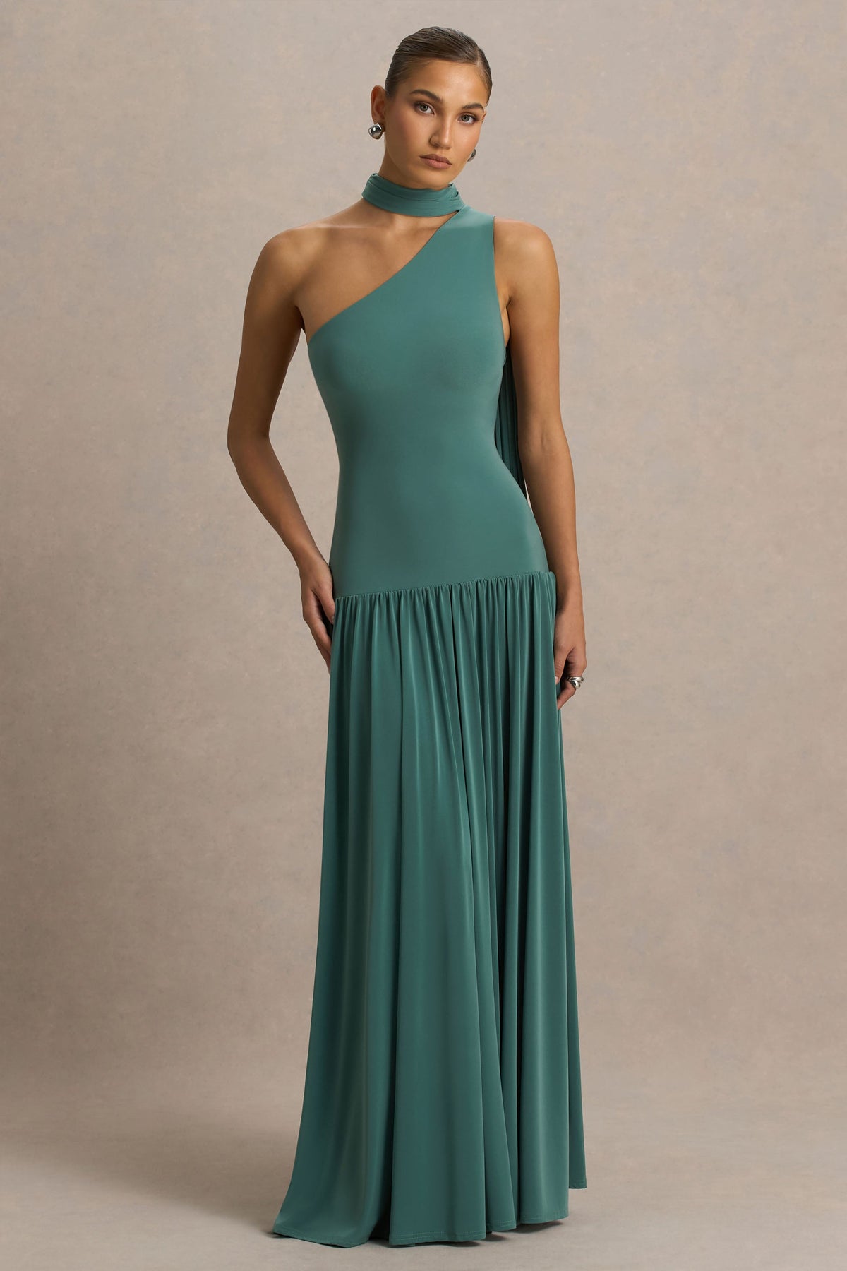 Freesia | Teal Asymmetric-Neck Maxi Dress With Scarf-Detail