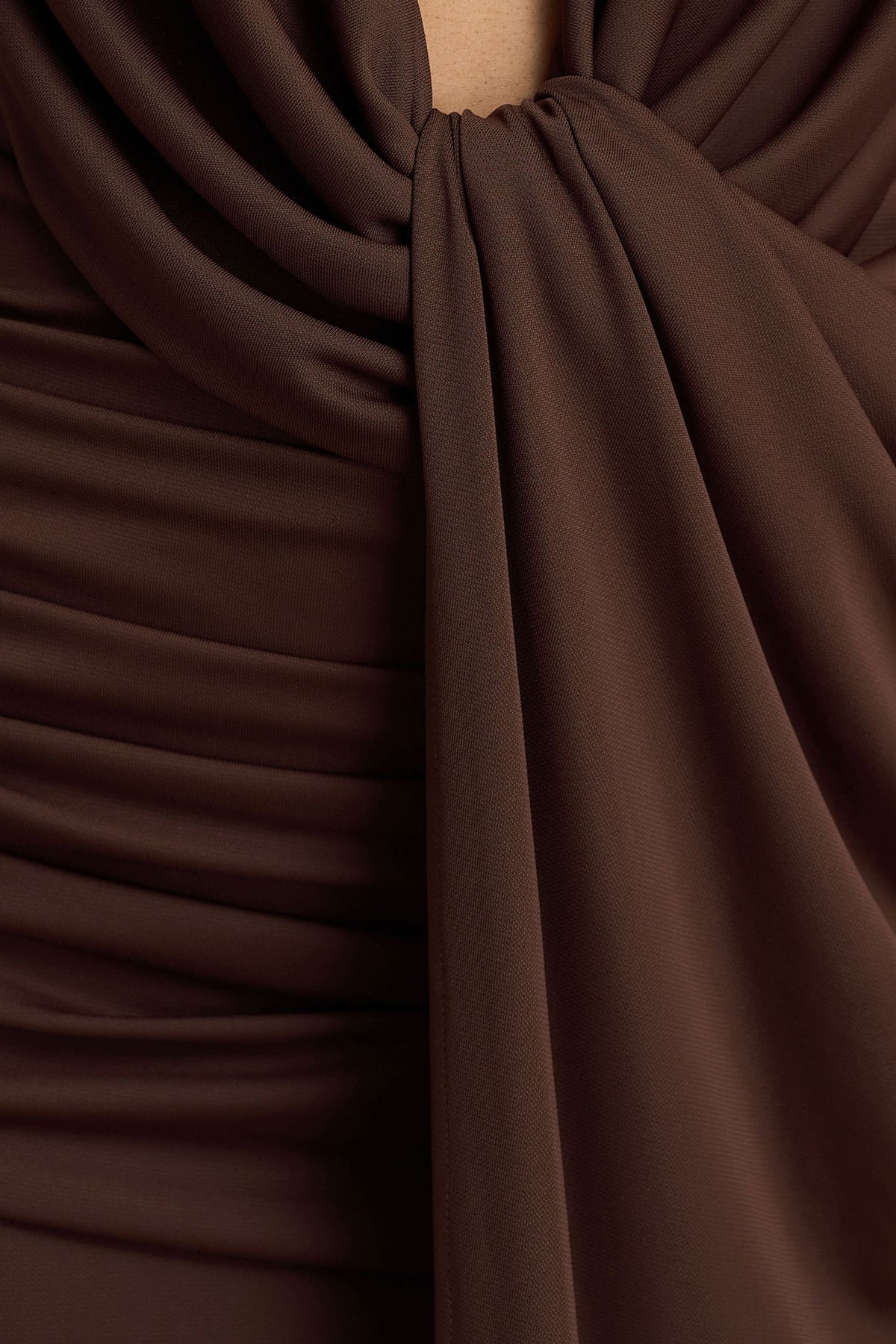 Serafina | Chocolate Extreme-Plunge Neck Maxi Dress With Wrap And Ruched Details