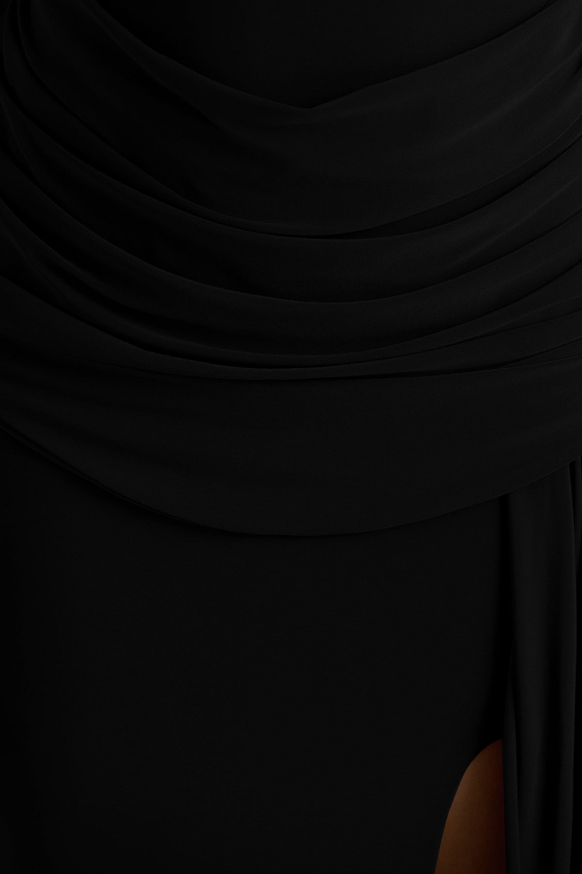 Dynasty | Black Asymmetric-Neck Maxi Dress With Ruched Detailing And Front High-Split