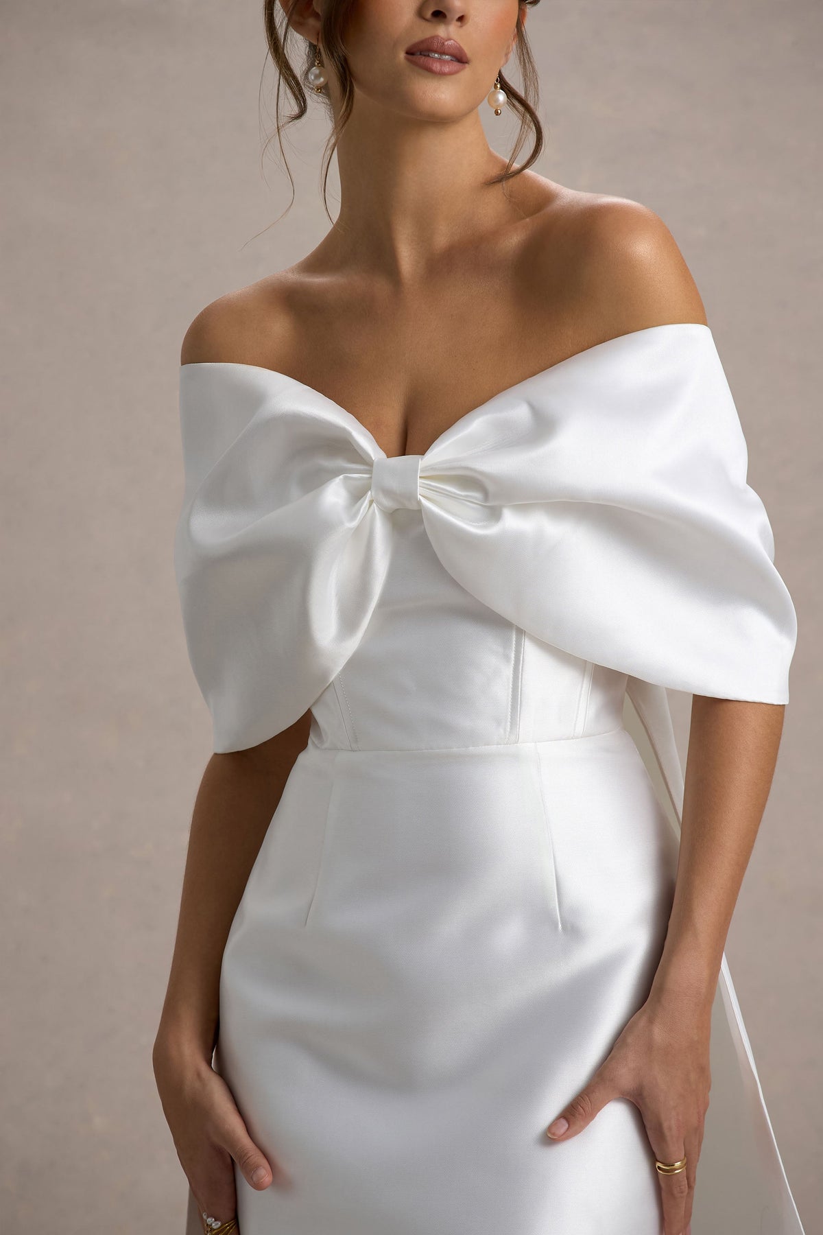 Wanting More | Off White Satin Cape Maxi Dress With Oversized Bow