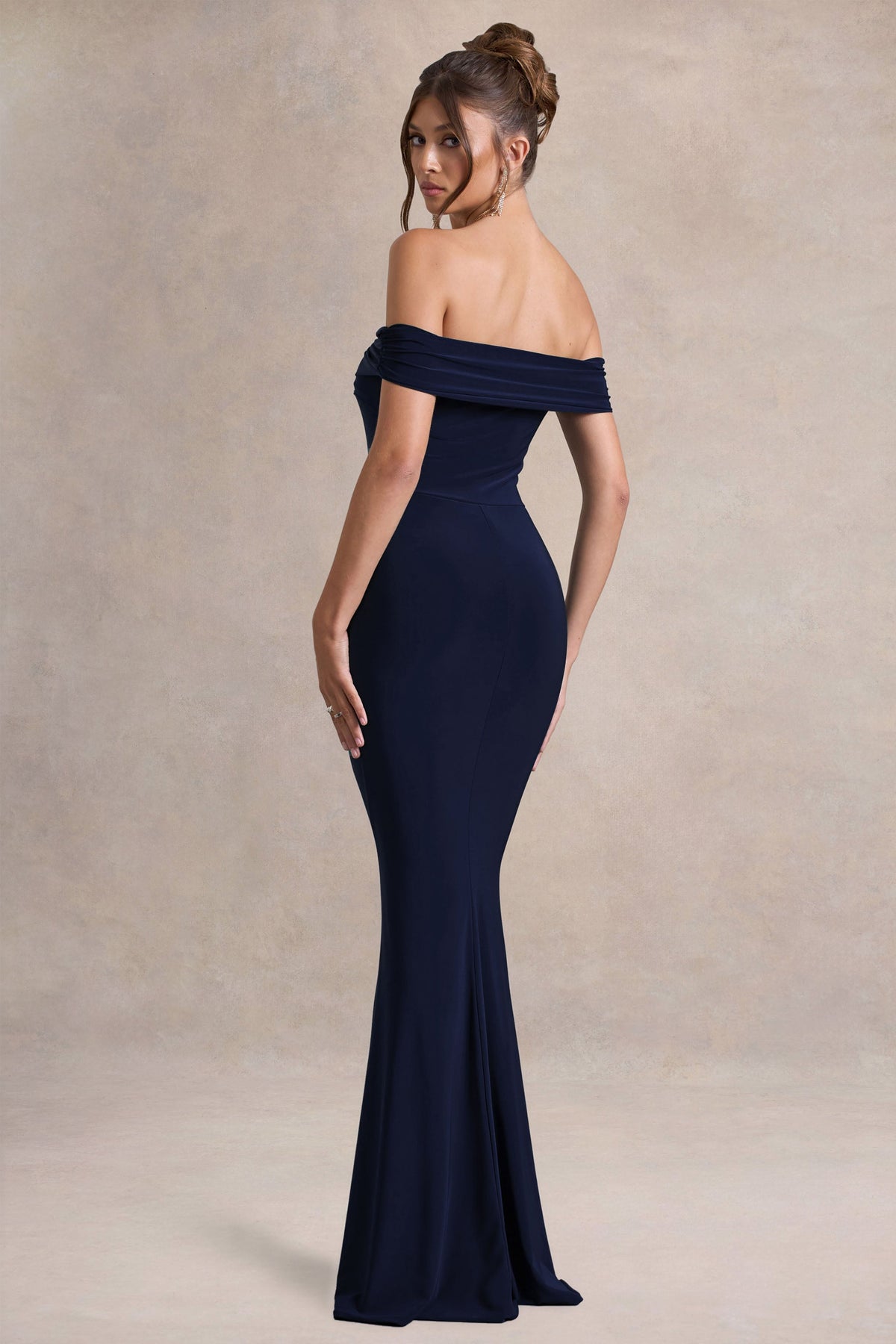 Law of Attraction | Navy Bardot Draped Split Maxi Dress