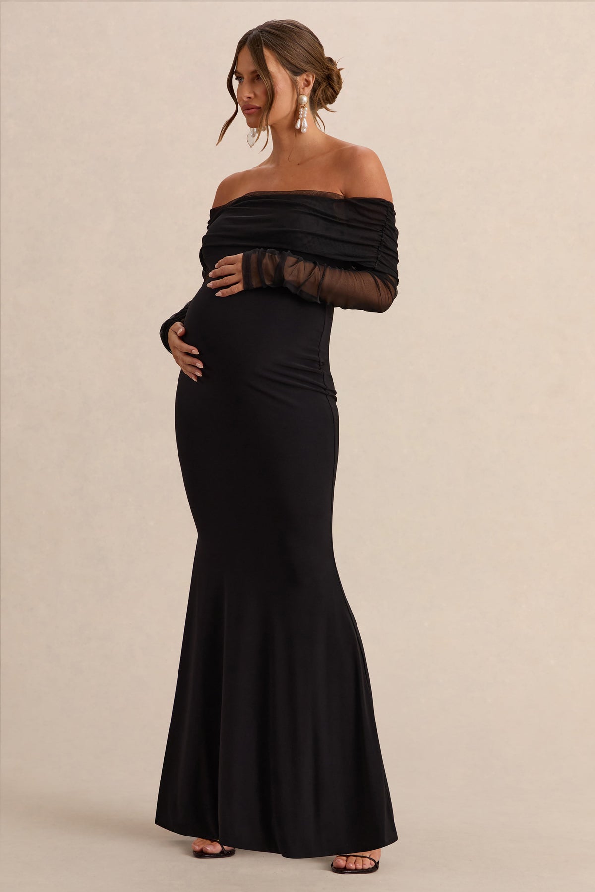 Pretty Perfect | Black Maternity Bardot-Neck Maxi Dress