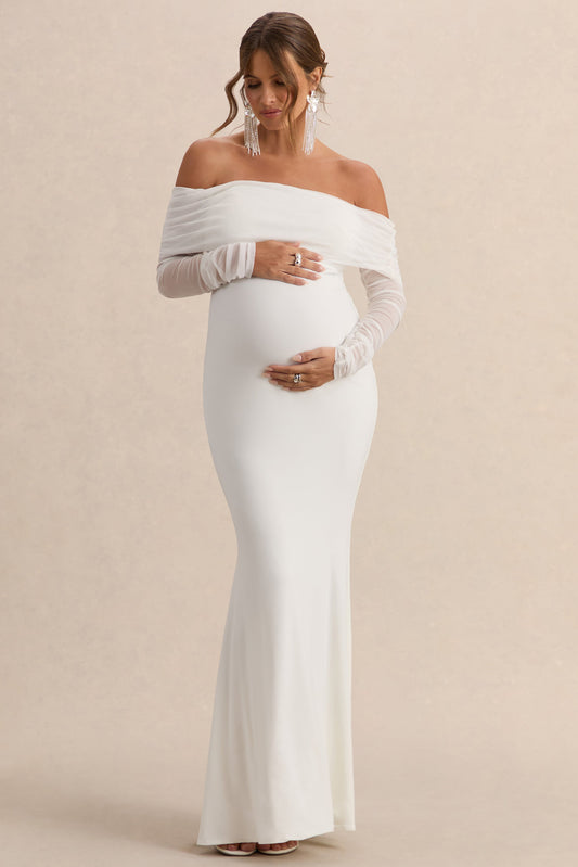 Pretty Perfect | White Maternity Ruched Mesh Bardot Maxi Dress