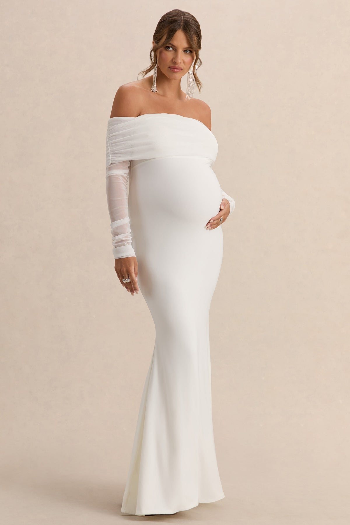 Pretty Perfect | White Maternity Ruched Mesh Bardot Maxi Dress