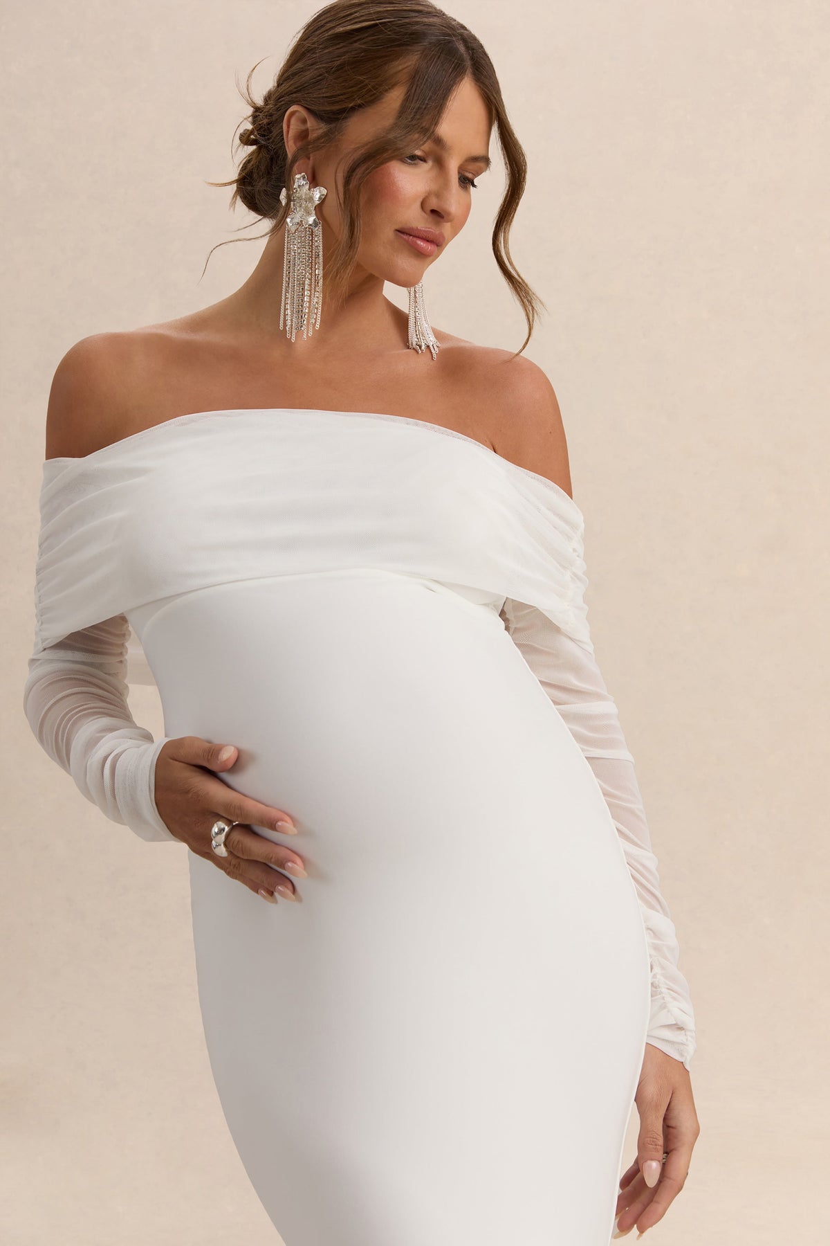 Pretty Perfect | White Maternity Ruched Mesh Bardot Maxi Dress