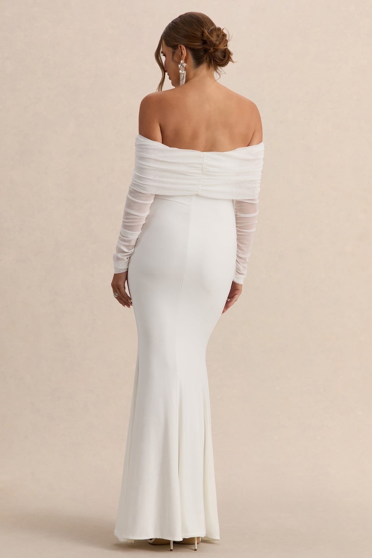 Pretty Perfect | White Maternity Ruched Mesh Bardot Maxi Dress
