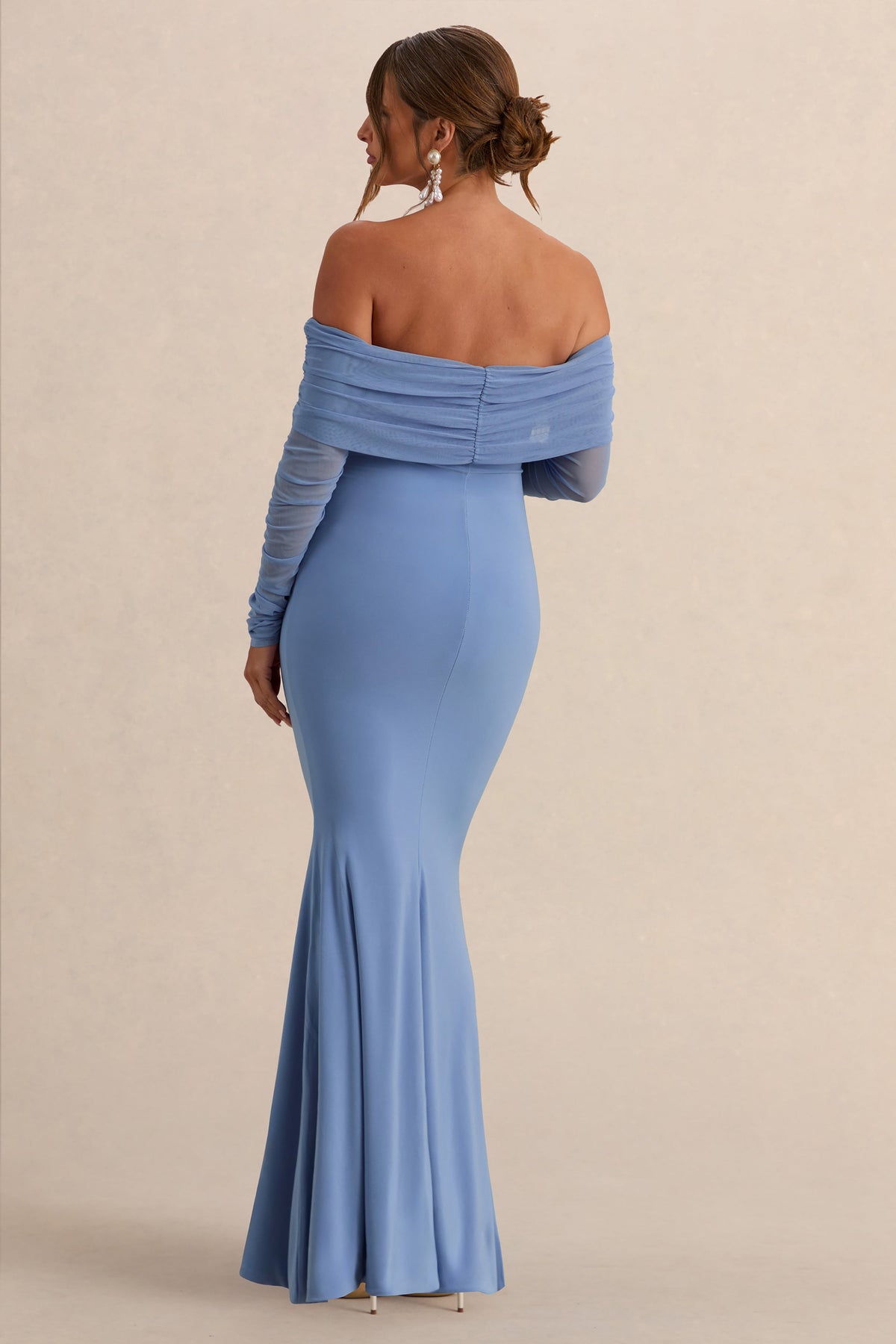 Pretty Perfect | Powder Blue Maternity Ruched Mesh Bardot Maxi Dress