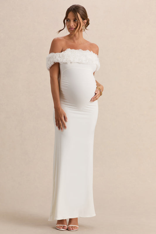 Inflorescence | White Mesh Floral Bardot Maternity Maxi Dress