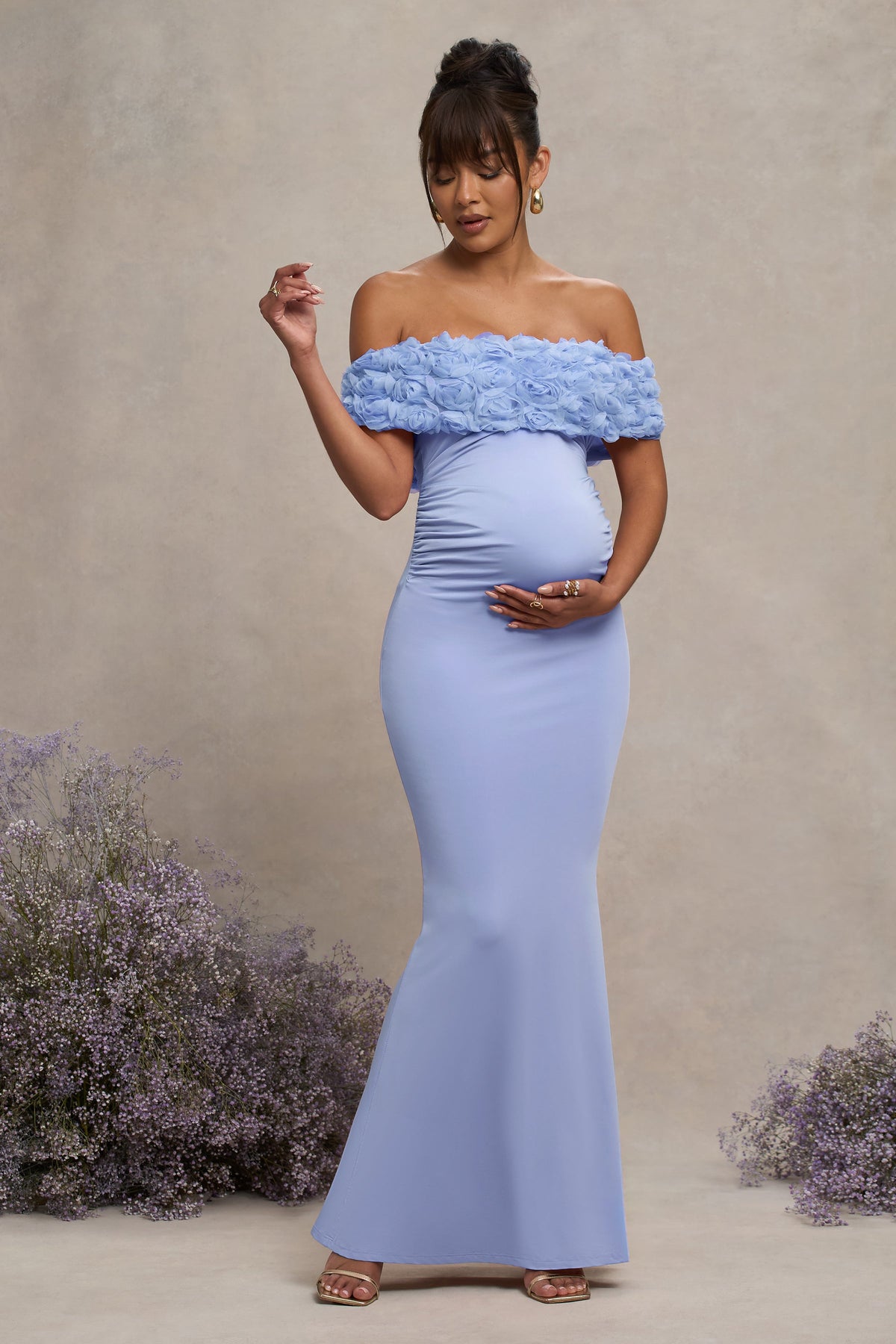 Inflorescence | Powder Blue Mesh Floral Bardot Maternity Maxi Dress