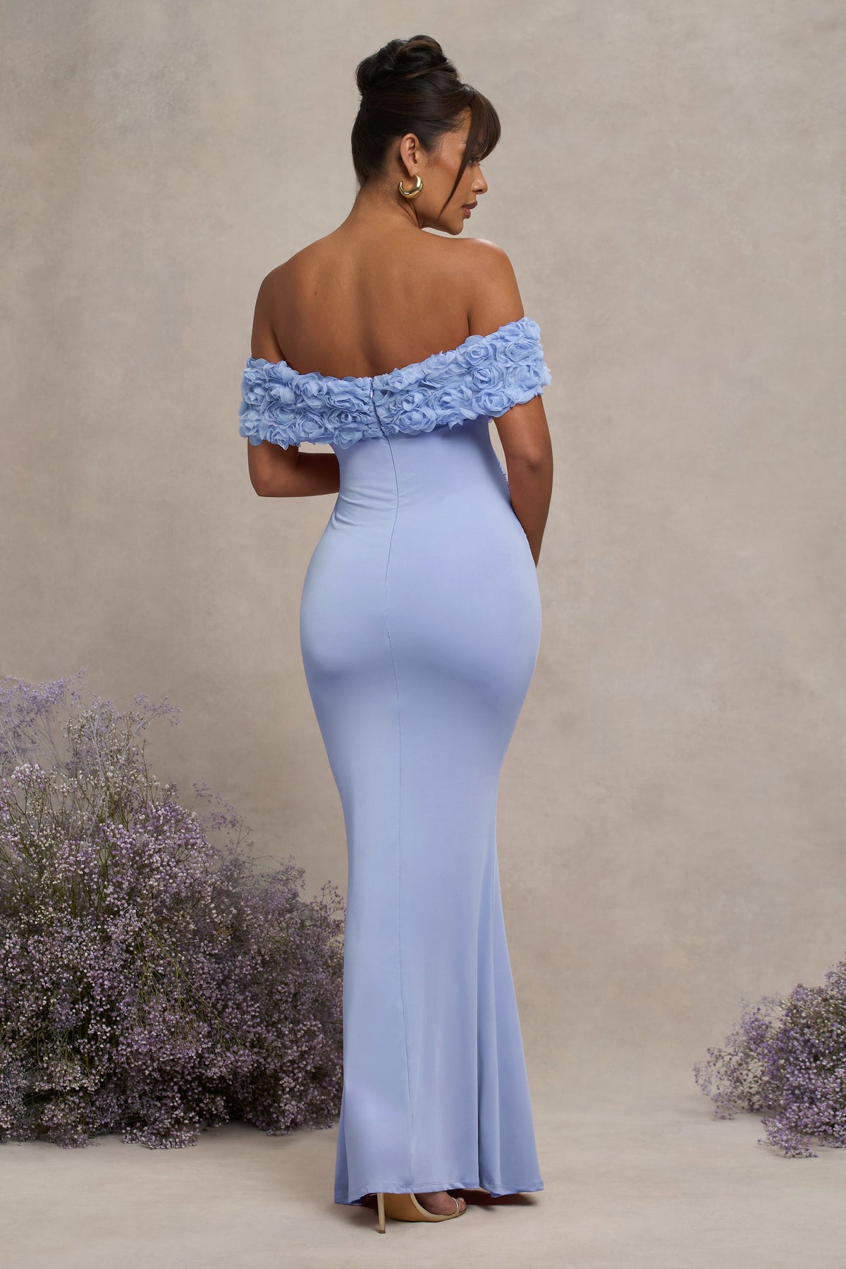 Inflorescence | Powder Blue Mesh Floral Bardot Maternity Maxi Dress