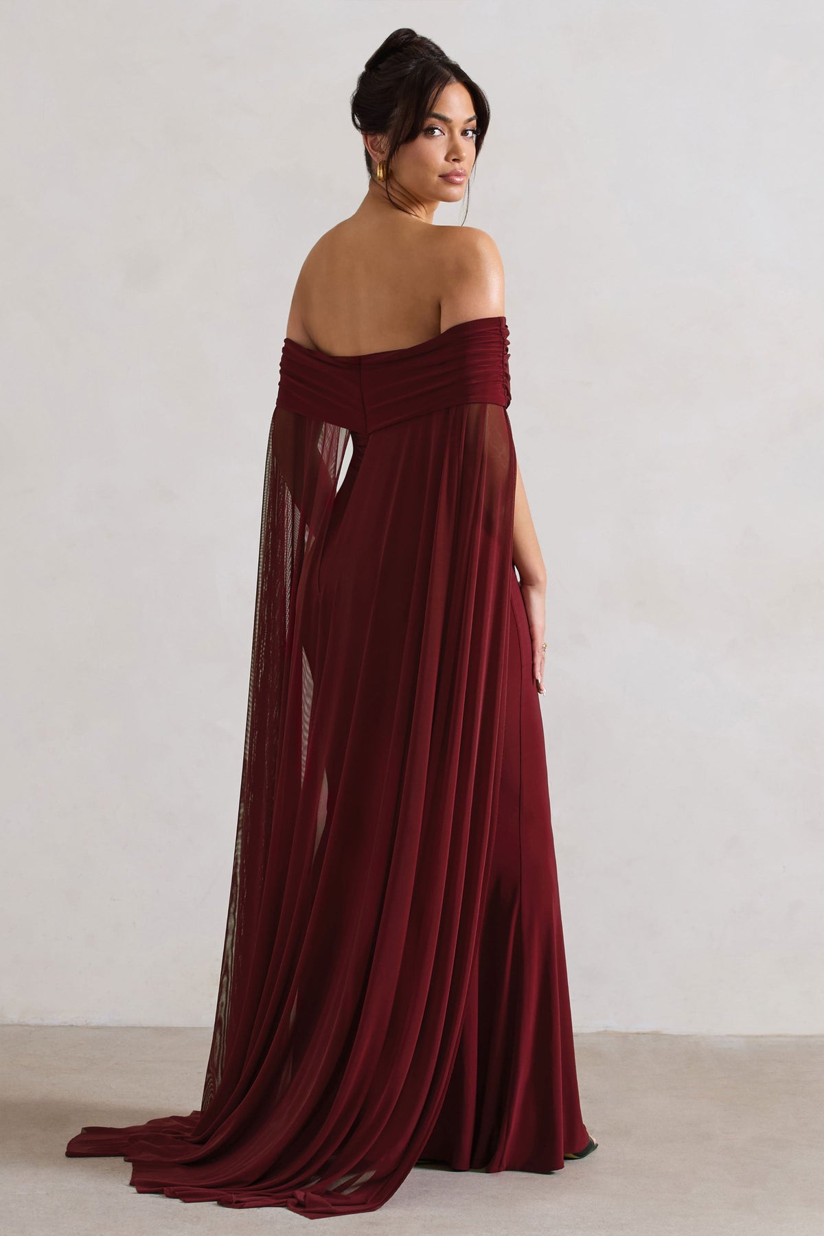 Carlotta | Berry Bardot Maxi Dress With Chiffon Cape