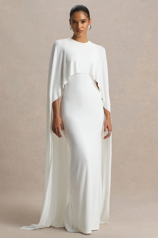 Padma | White Draped Maxi Dress With Cape Sleeves