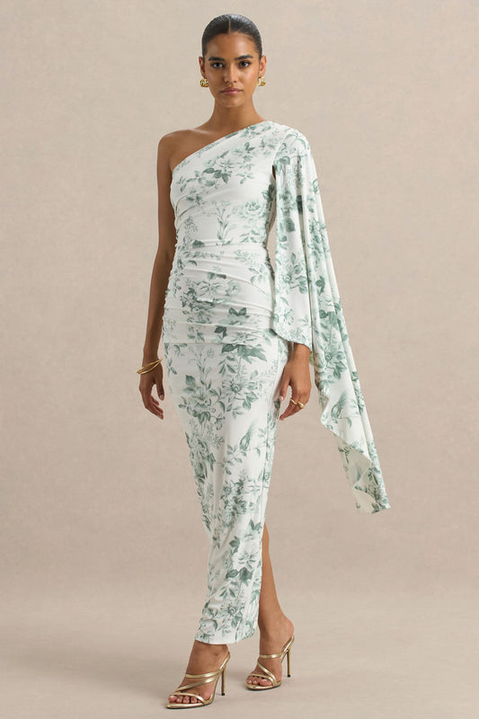 Clementina | Green Porcelain Print Asymmetric Cape Sleeve Maxi Dress