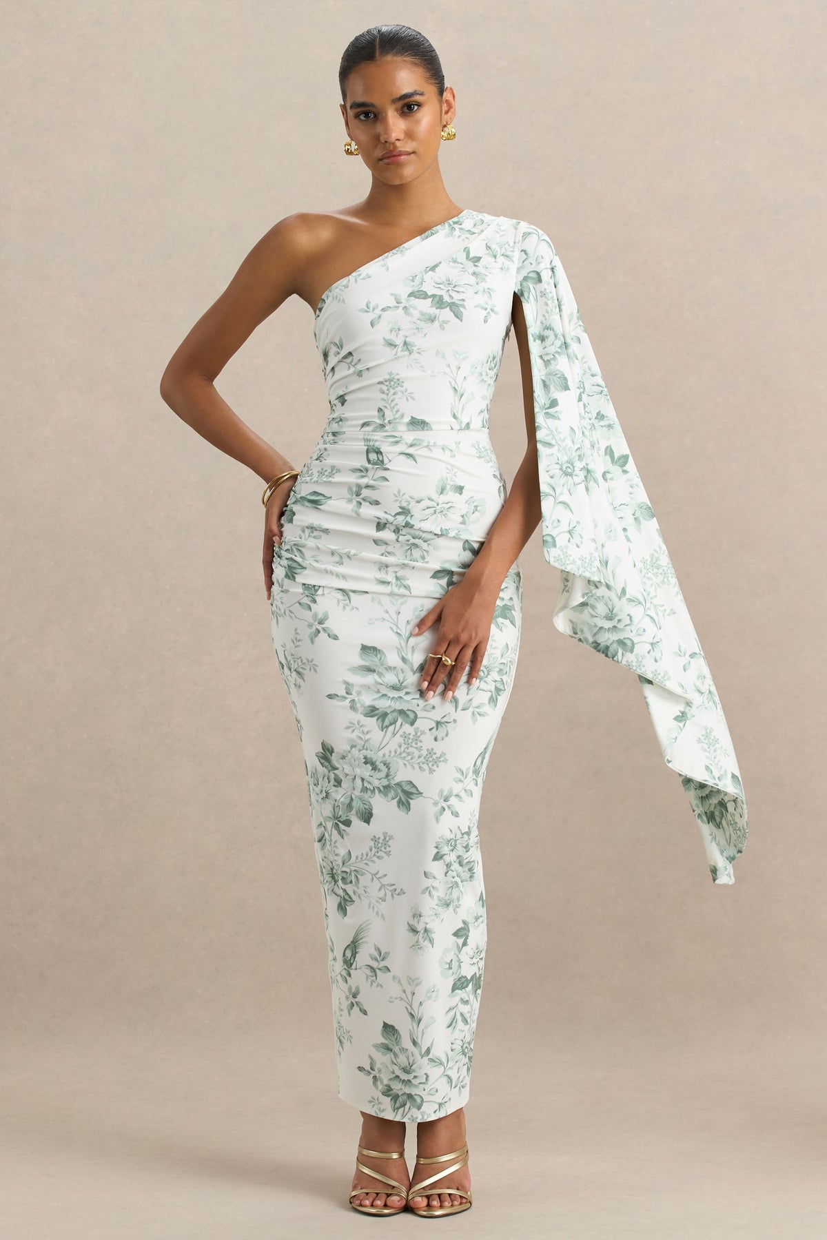 Clementina | Green Porcelain Print Asymmetric Cape Sleeve Maxi Dress