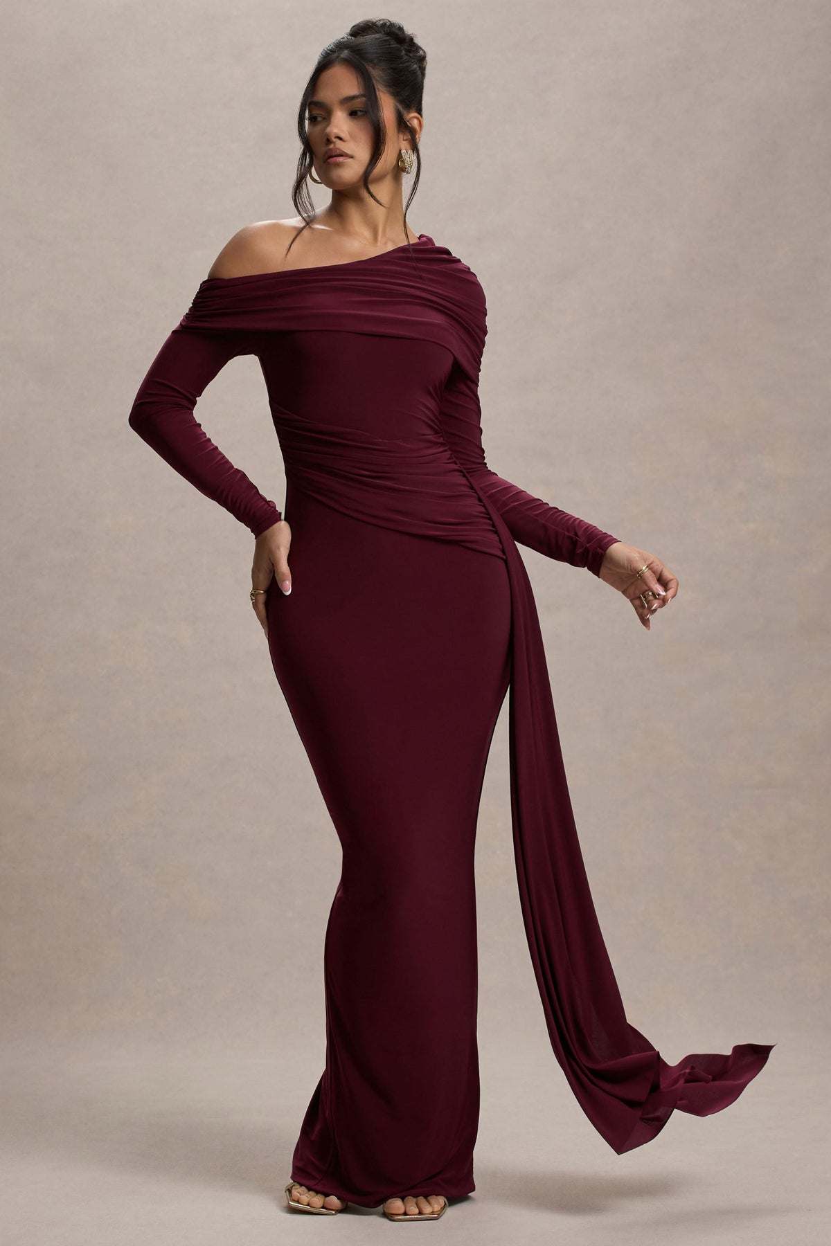 Valina | Burgundy Ruched Asymmetric Maxi Dress With Drape