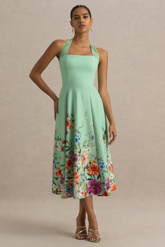 Auburn | Mint Placement Floral Halter Skater Midi Dress