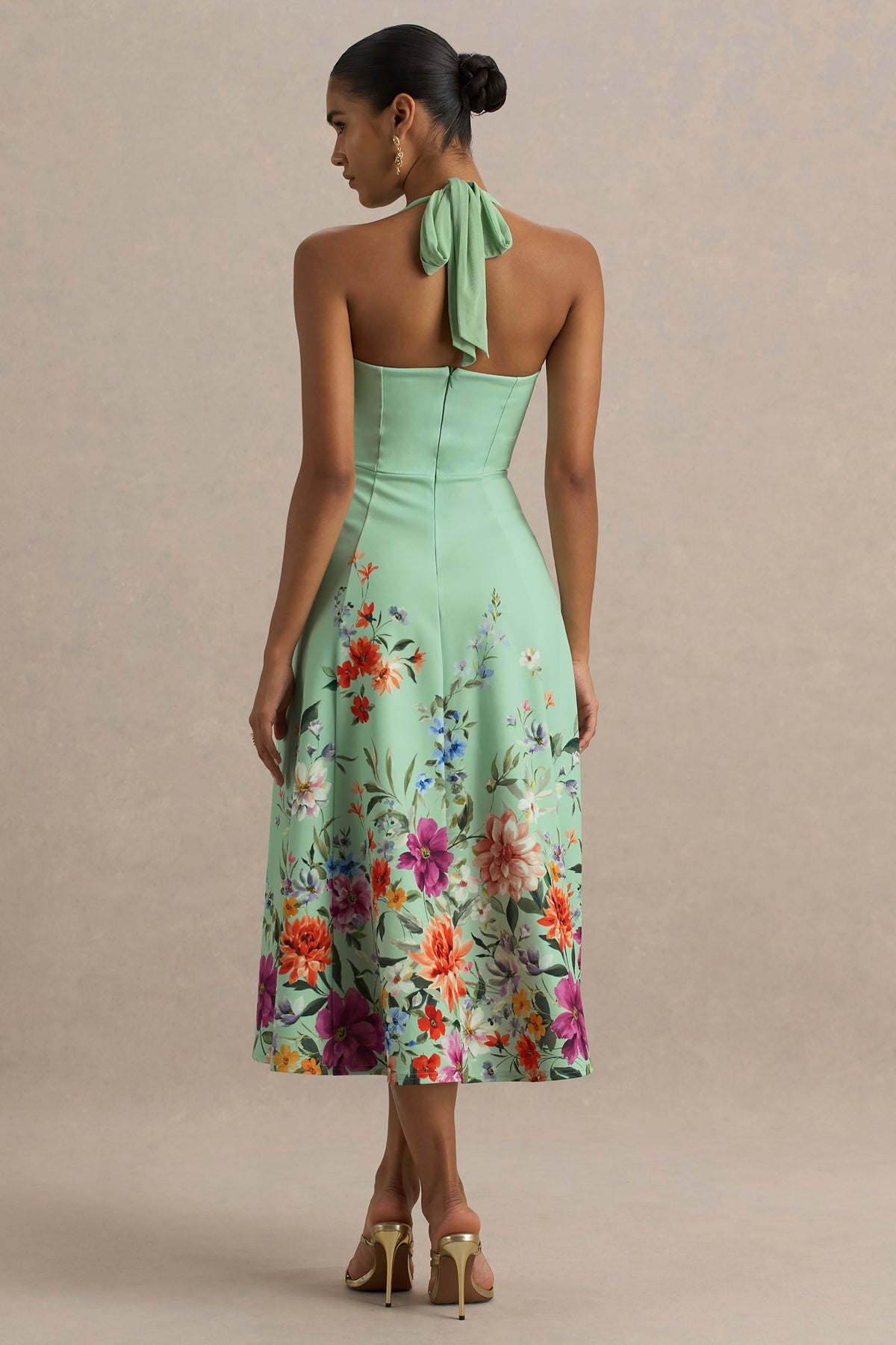 Auburn | Mint Placement Floral Halter Skater Midi Dress