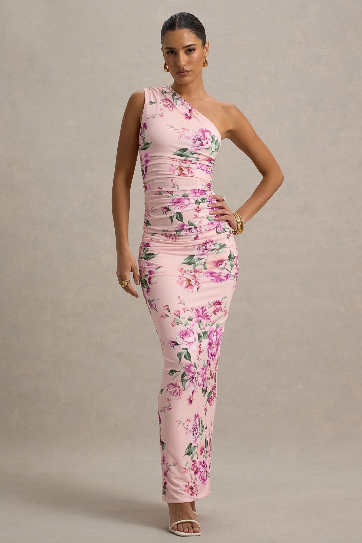 Dalarie | Pink Floral Print One-Shoulder Gathered Maxi Dress