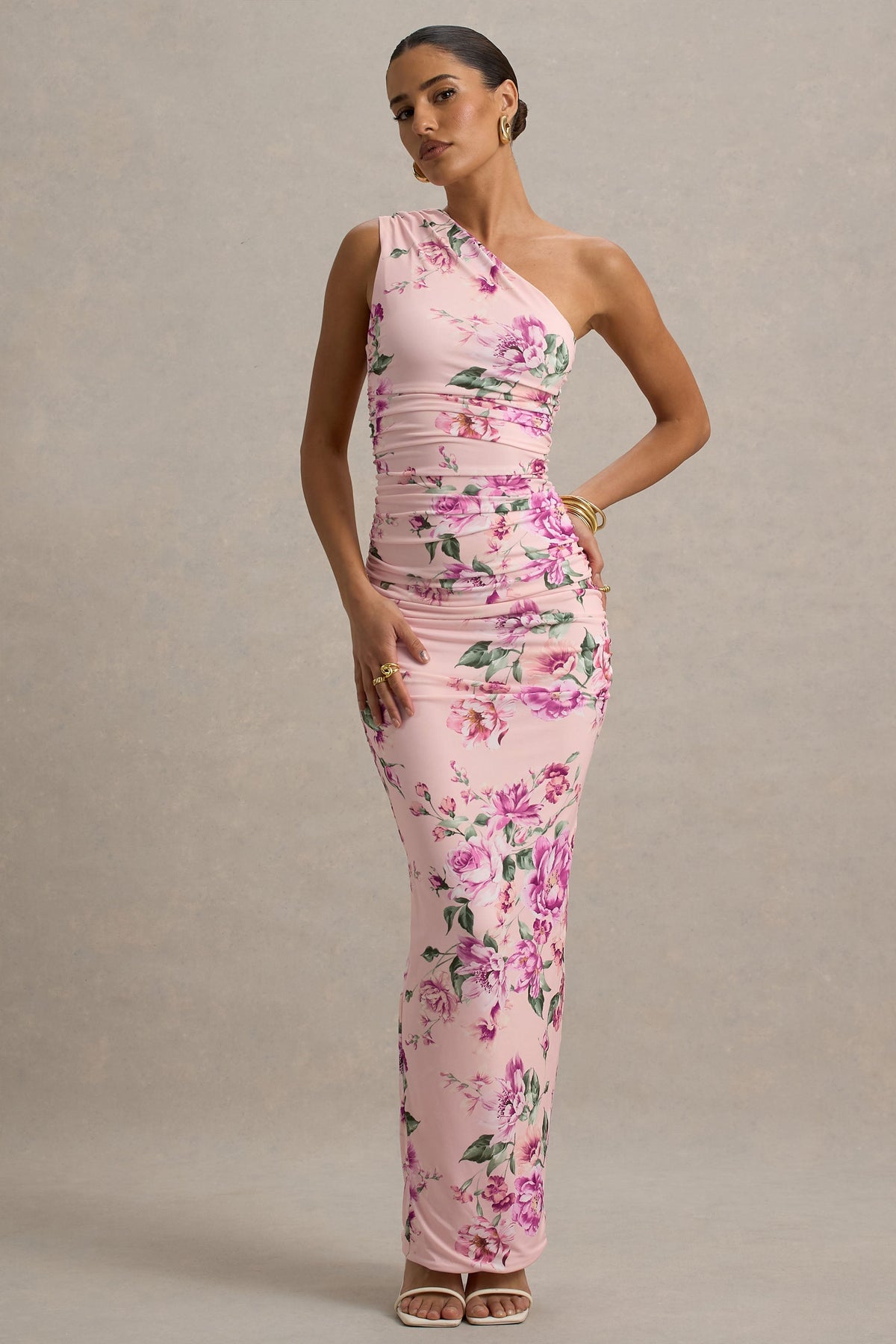 Dalarie | Pink Floral Print One-Shoulder Gathered Maxi Dress