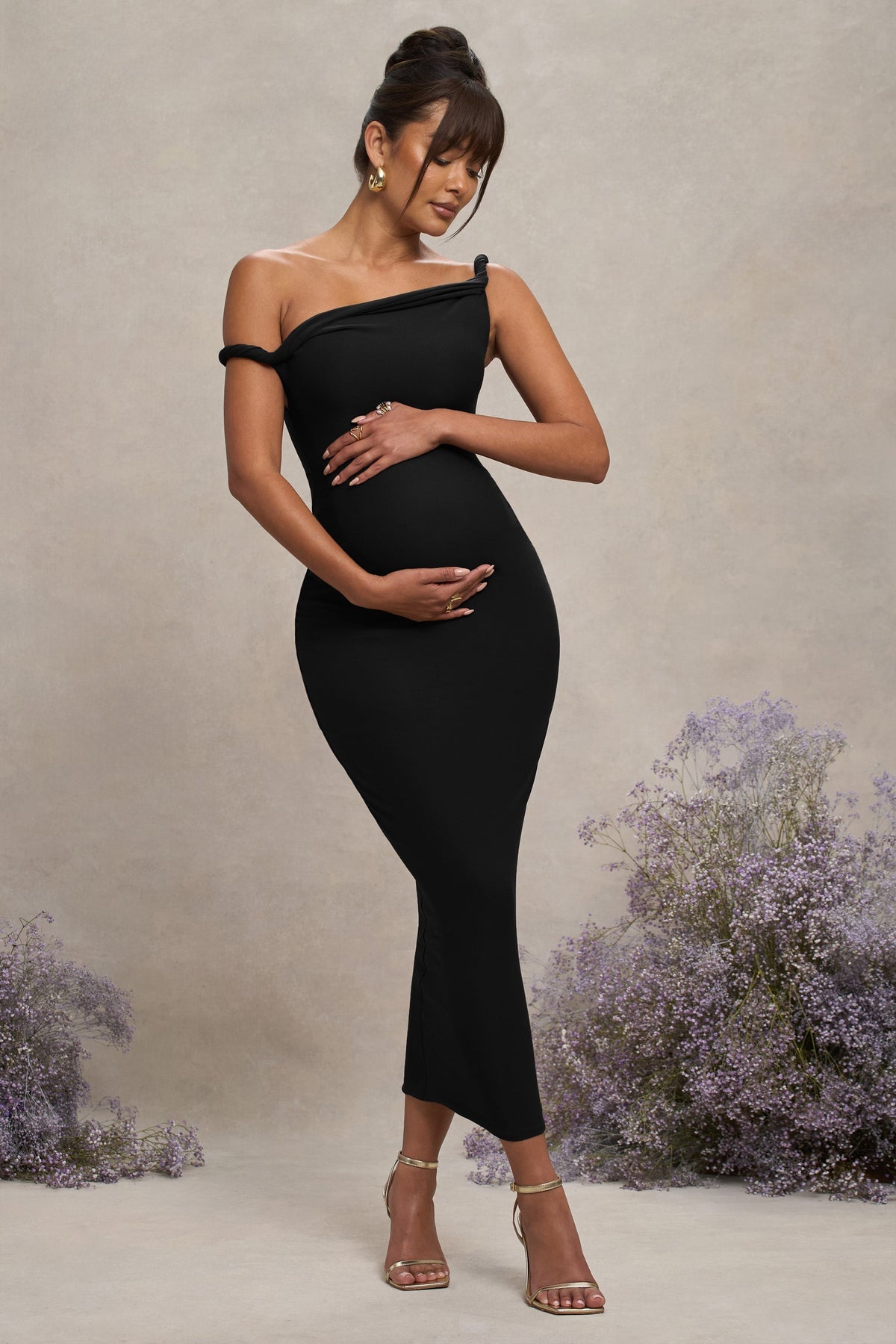Salome | Black Twisted Asymmetric Maternity Midi Dress