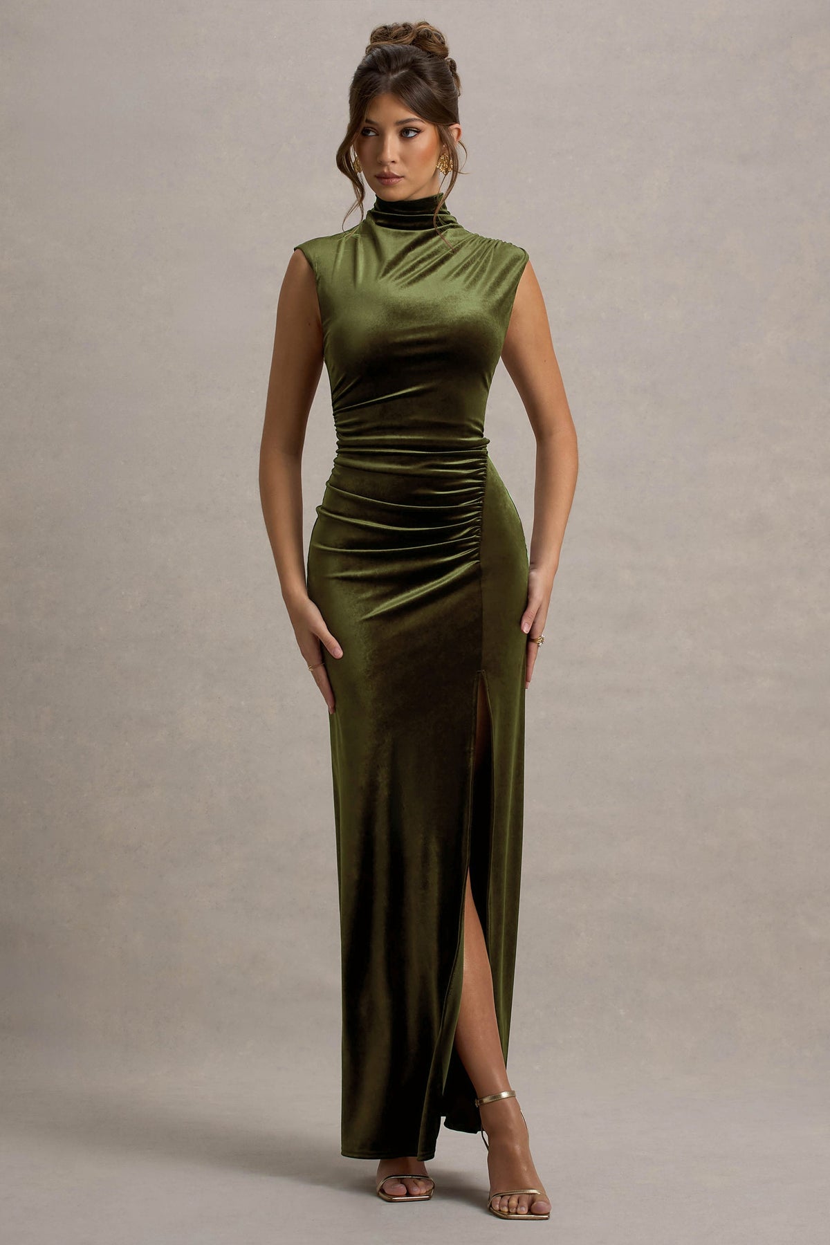 Abilene | Olive Velvet High Neck Maxi Dress With Gathered Detailing And Split