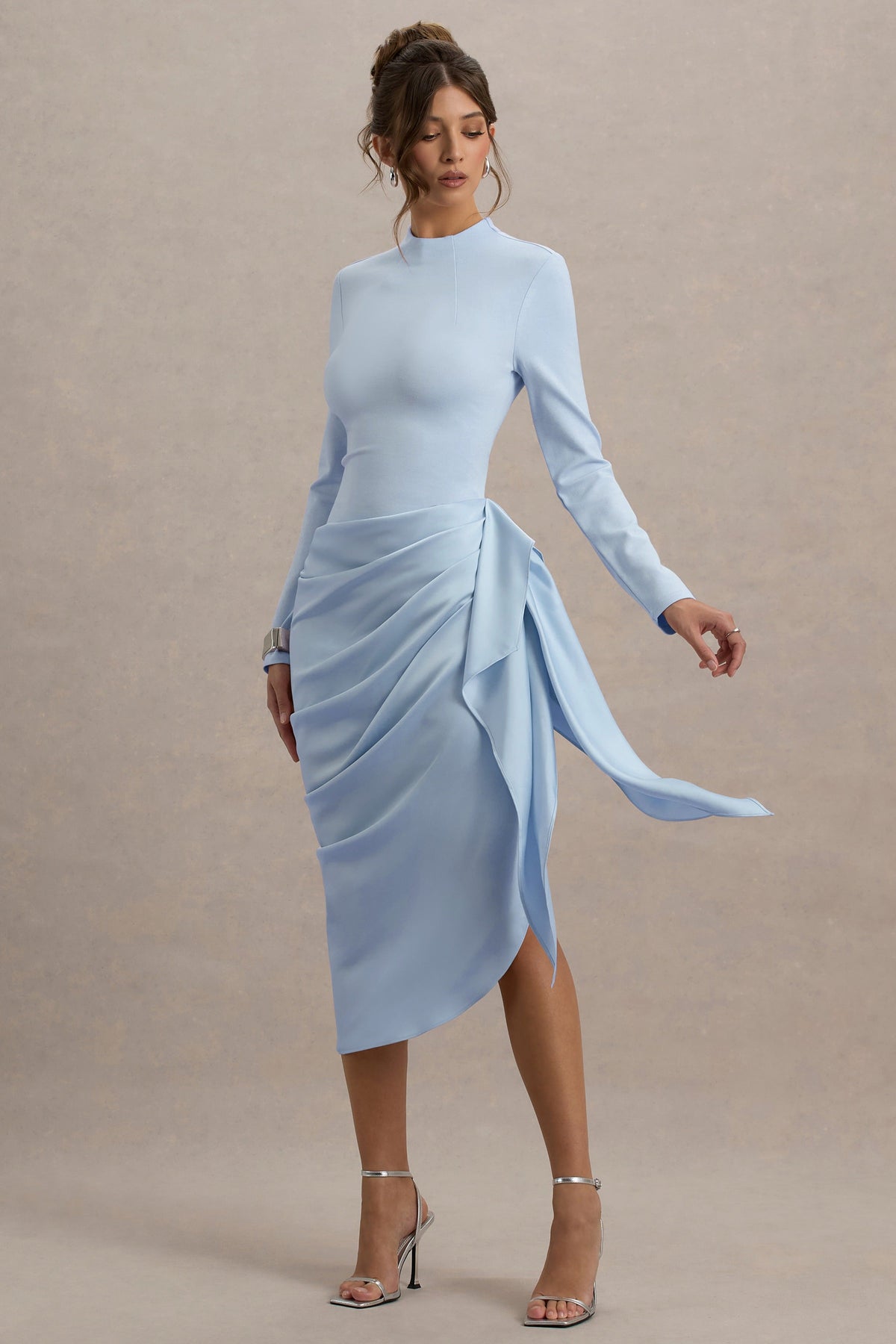 Raffie | Powder Blue Long-Sleeve Midi Dress With Satin Wrap Skirt