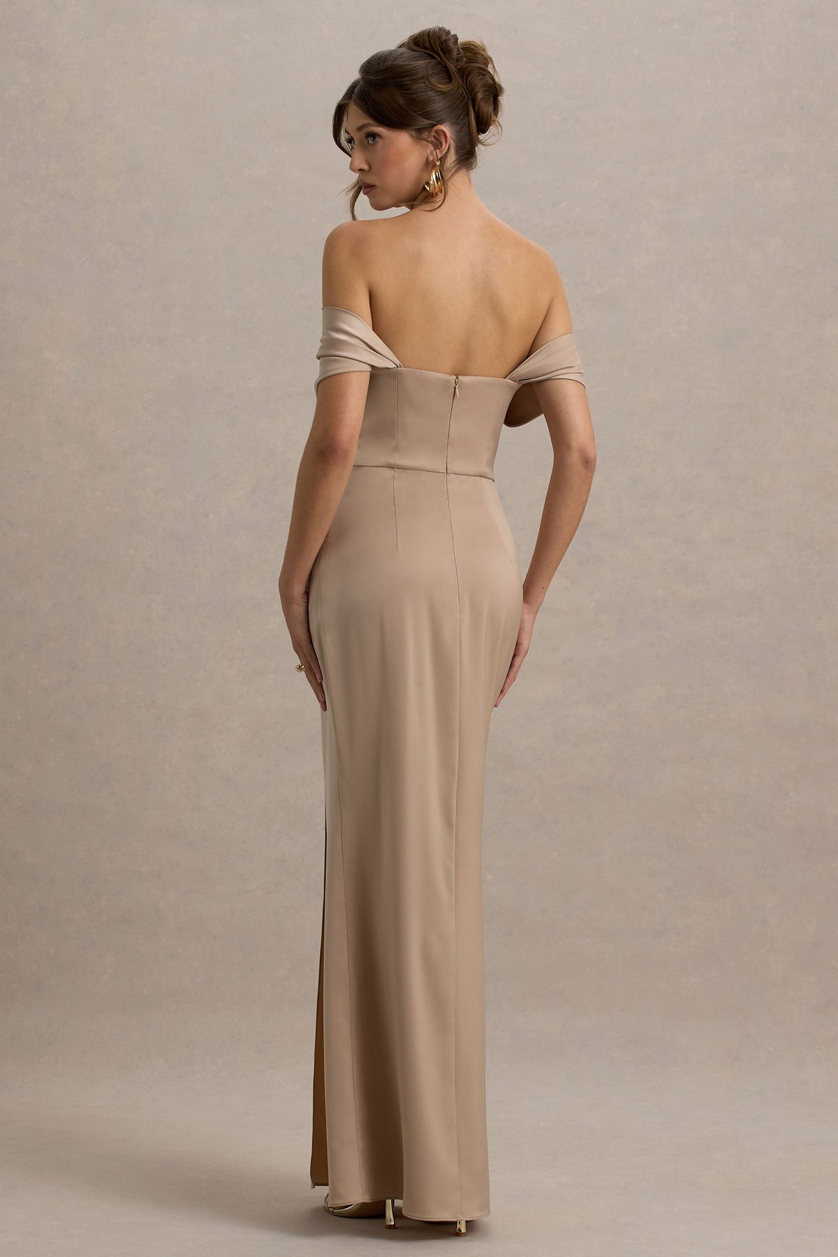 Annie | Champagne Satin Bardot Maxi Dress With Split Wrap Skirt