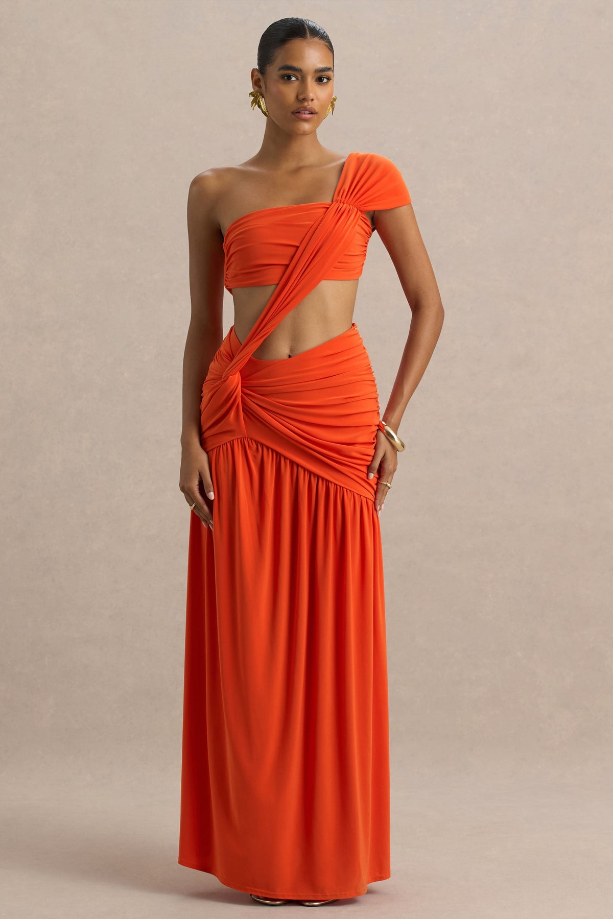 Cadiz | Orange Asymmetric Maxi Dress With Cut-Out Detail and Open-Back