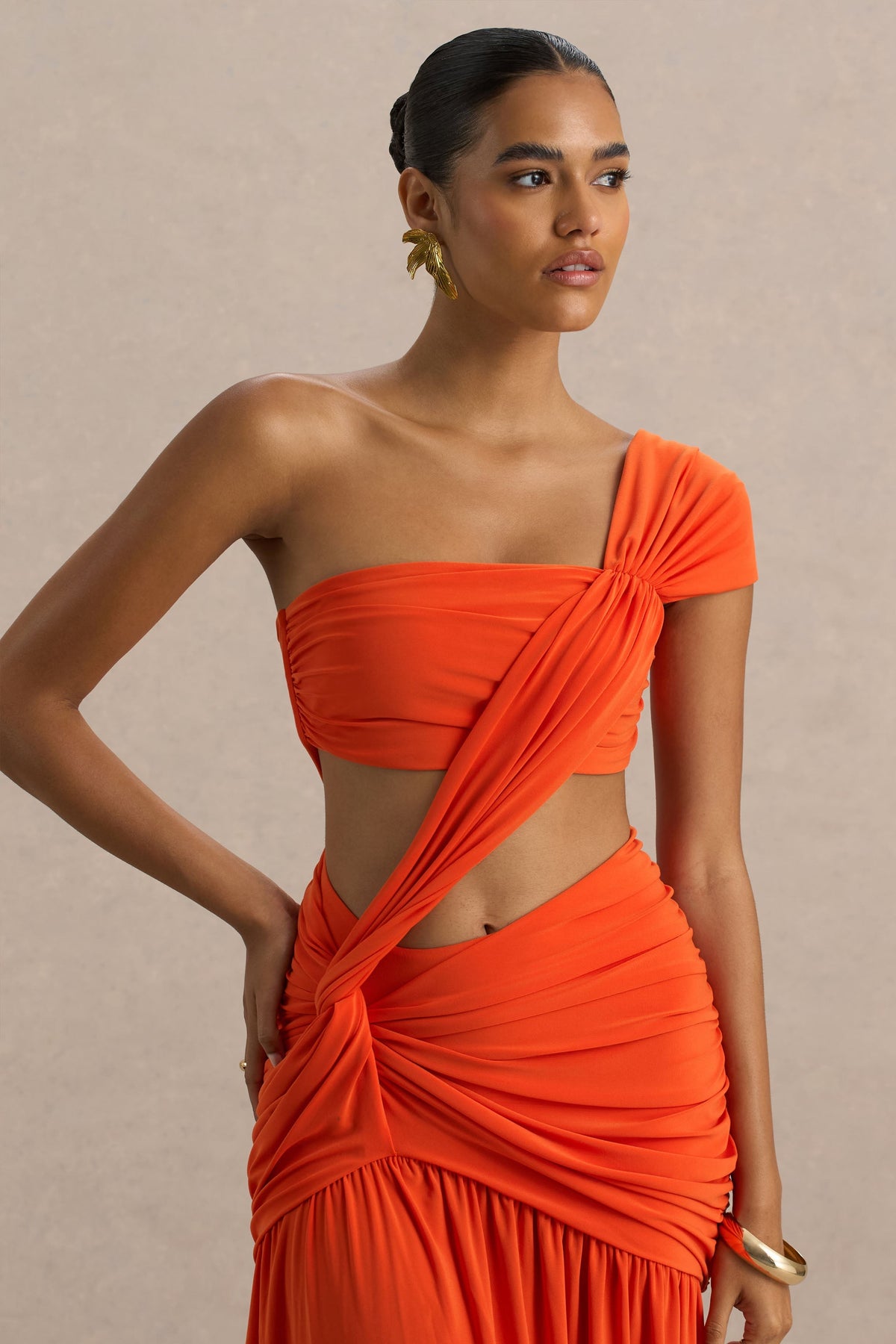 Cadiz | Orange Asymmetric Maxi Dress With Cut-Out Detail and Open-Back