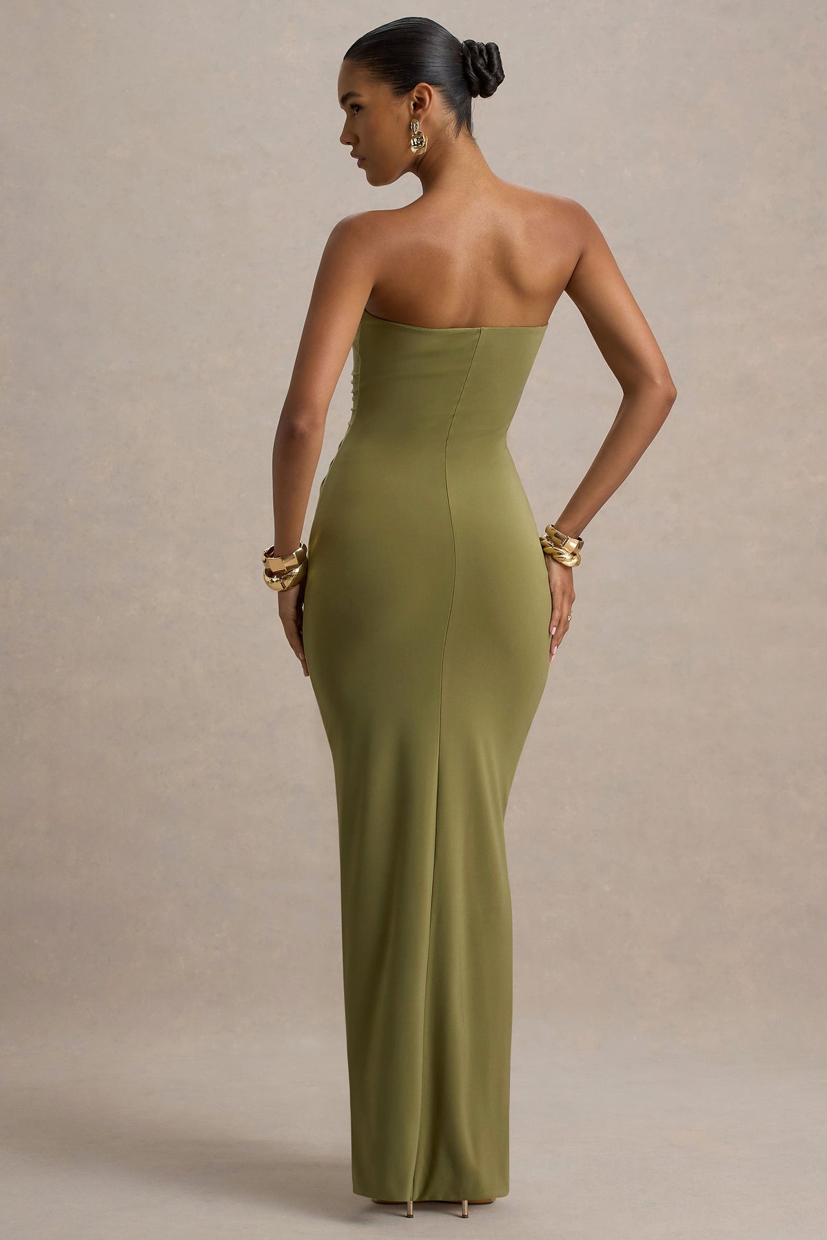Ali | Olive Jersey Sweetheart Maxi Dress With Gathered Detailing And Sash