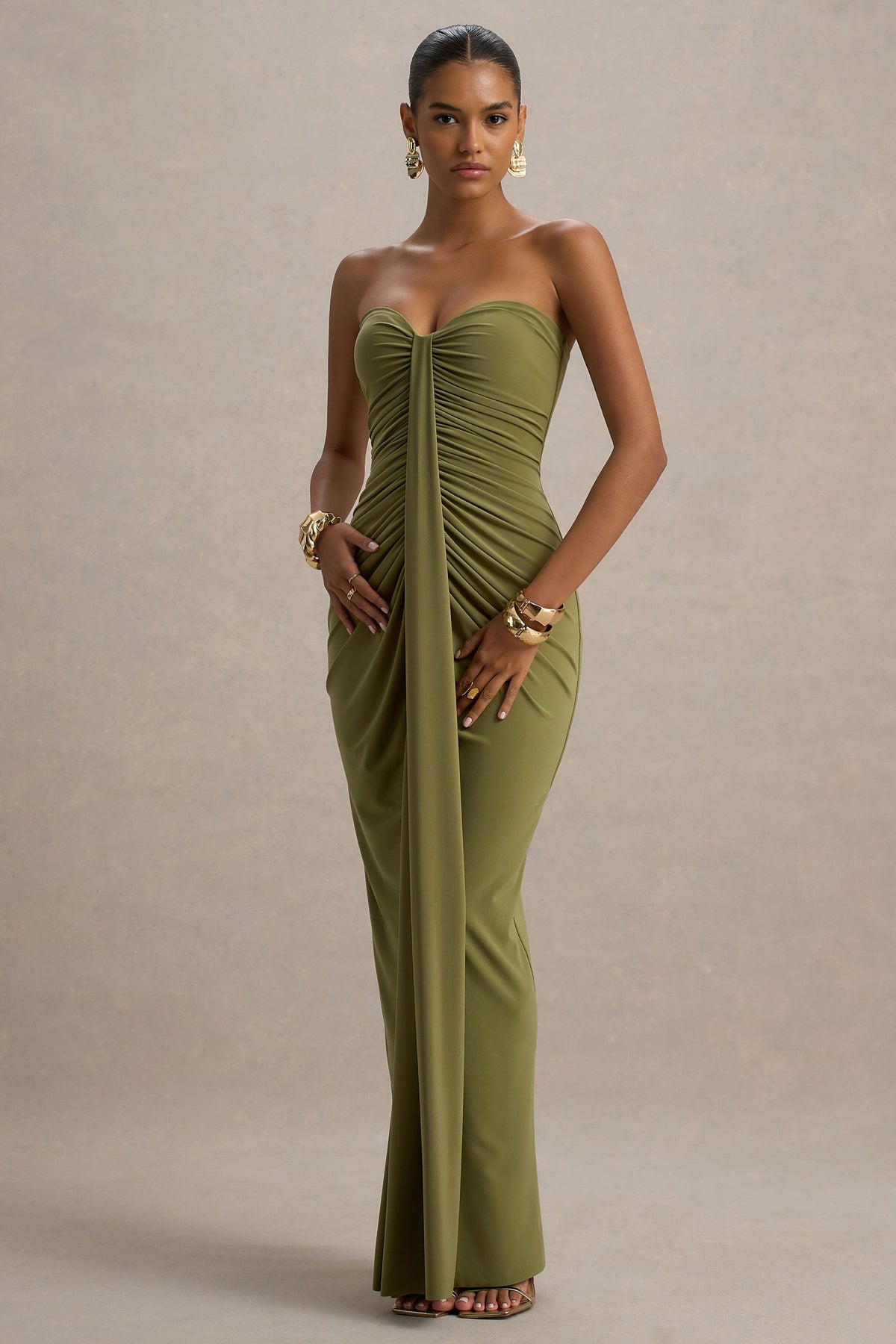 Ali | Olive Jersey Sweetheart Maxi Dress With Gathered Detailing And Sash