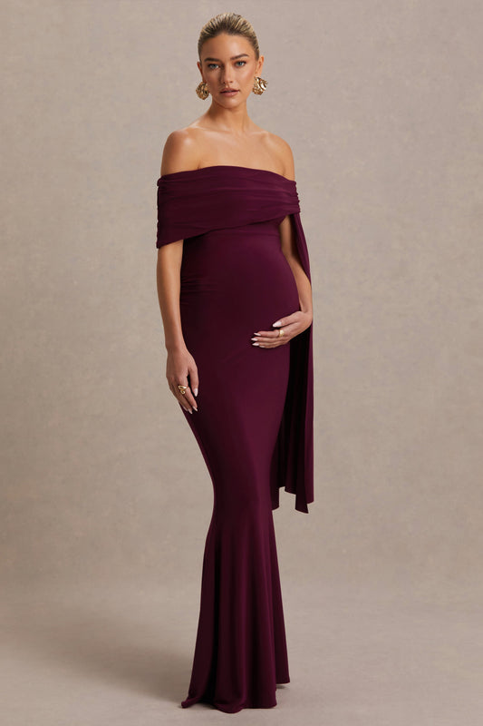 Aquila | Burgundy Bardot Maternity Maxi Dress With Draped Detail