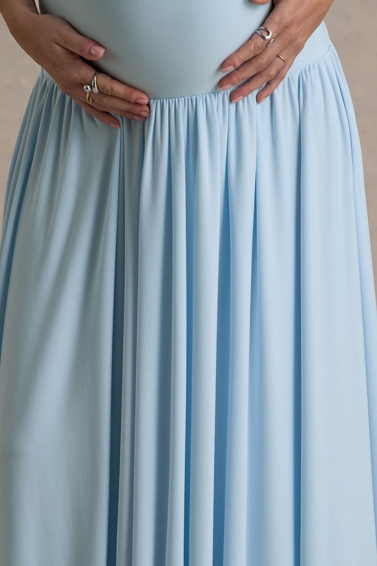 Outline | Powder Blue Crew-Neck Maternity Maxi Dress With Pleated Skirt