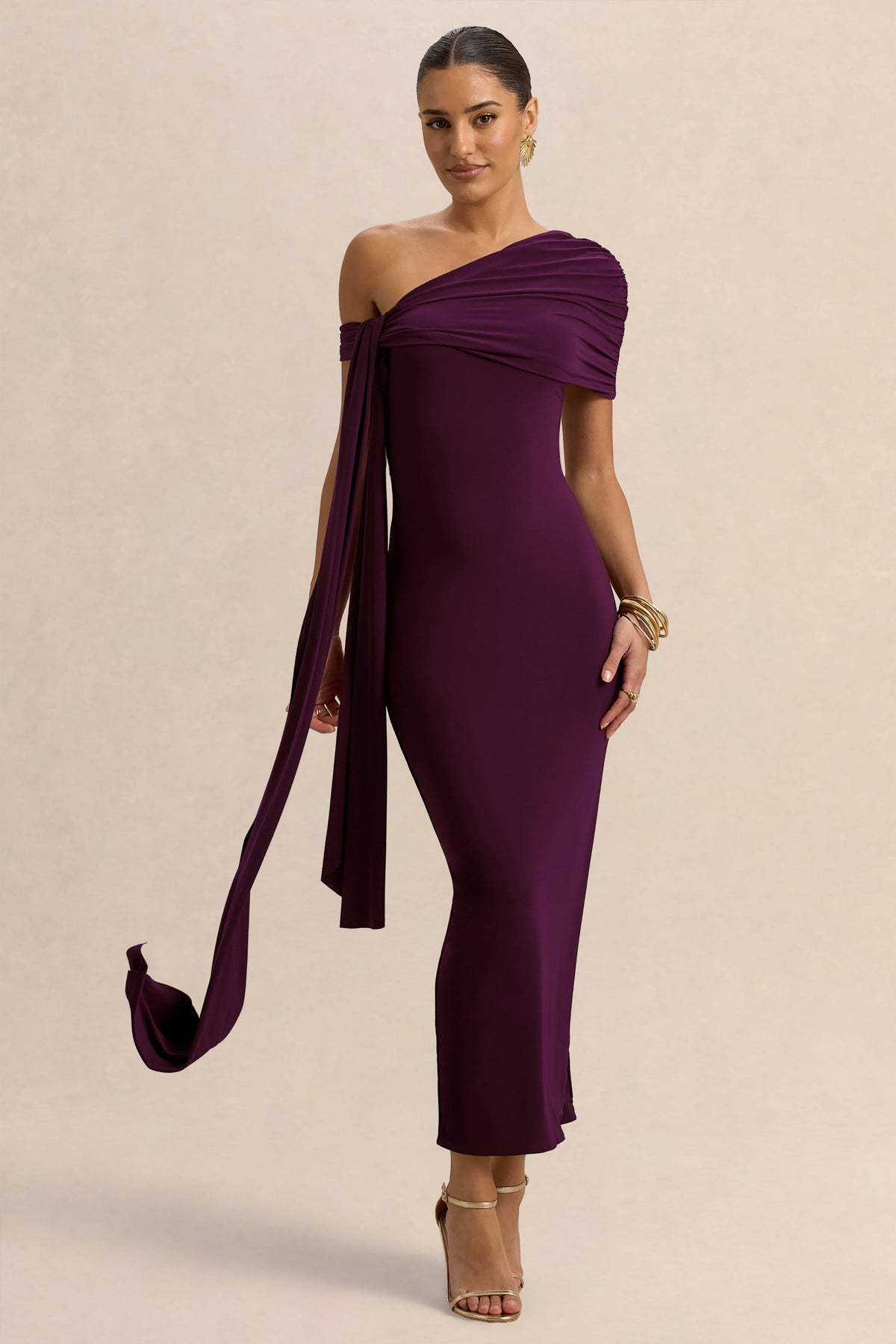Praia | Plum Asymmetric-Neck Midi Dress With Sash and Draped Detailing