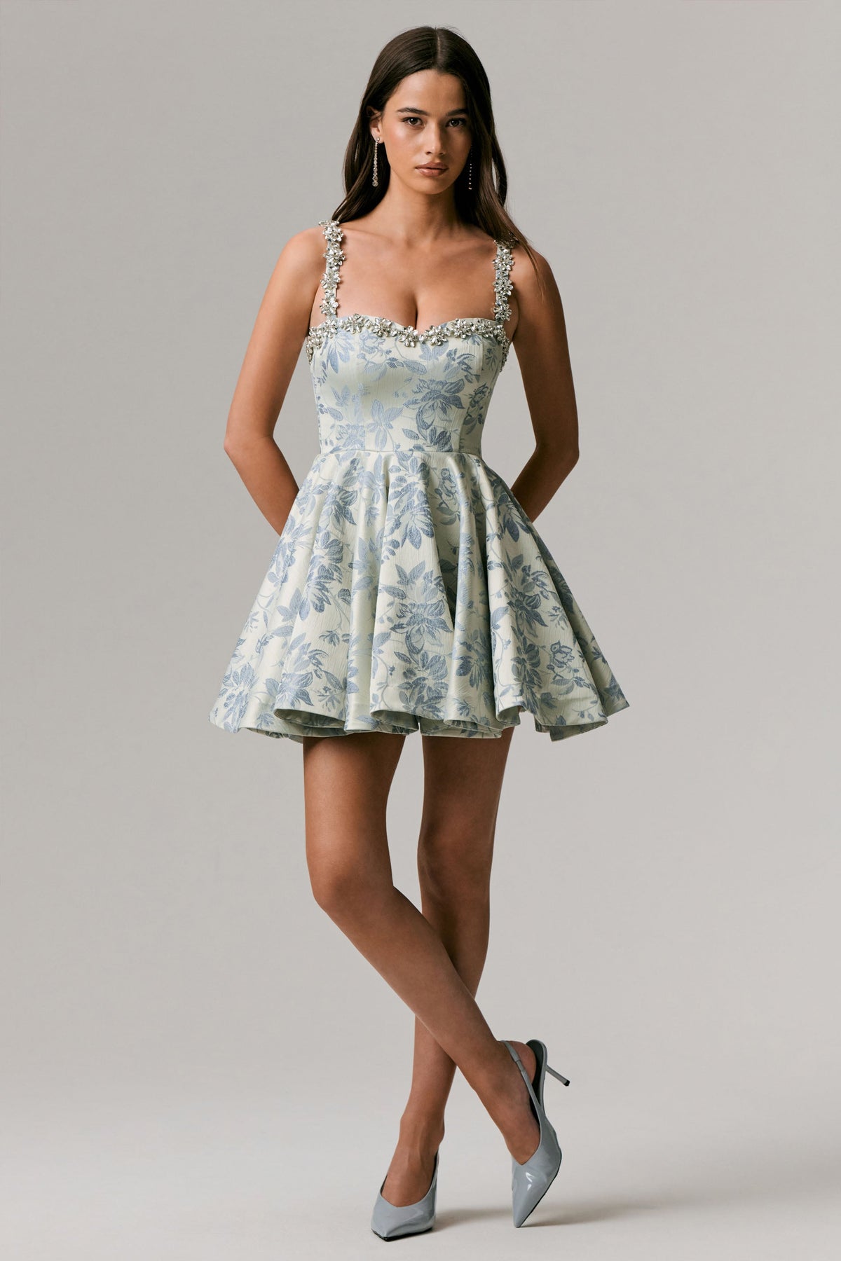 Seashell | Light Blue Jacquard Embellished Sweetheart-Neck Skater Mini Dress