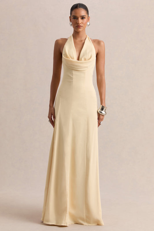 Undeniable | Lemon Cowl-Neck Draped Maxi Dress