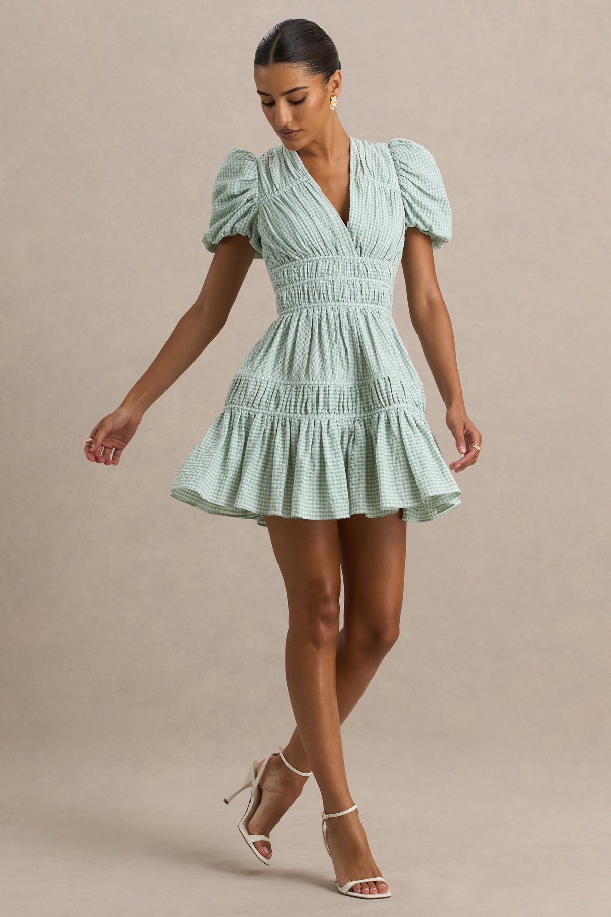 Laurelle | Green Extreme Plunge-Neck Mini Dress With Ruffling Detail