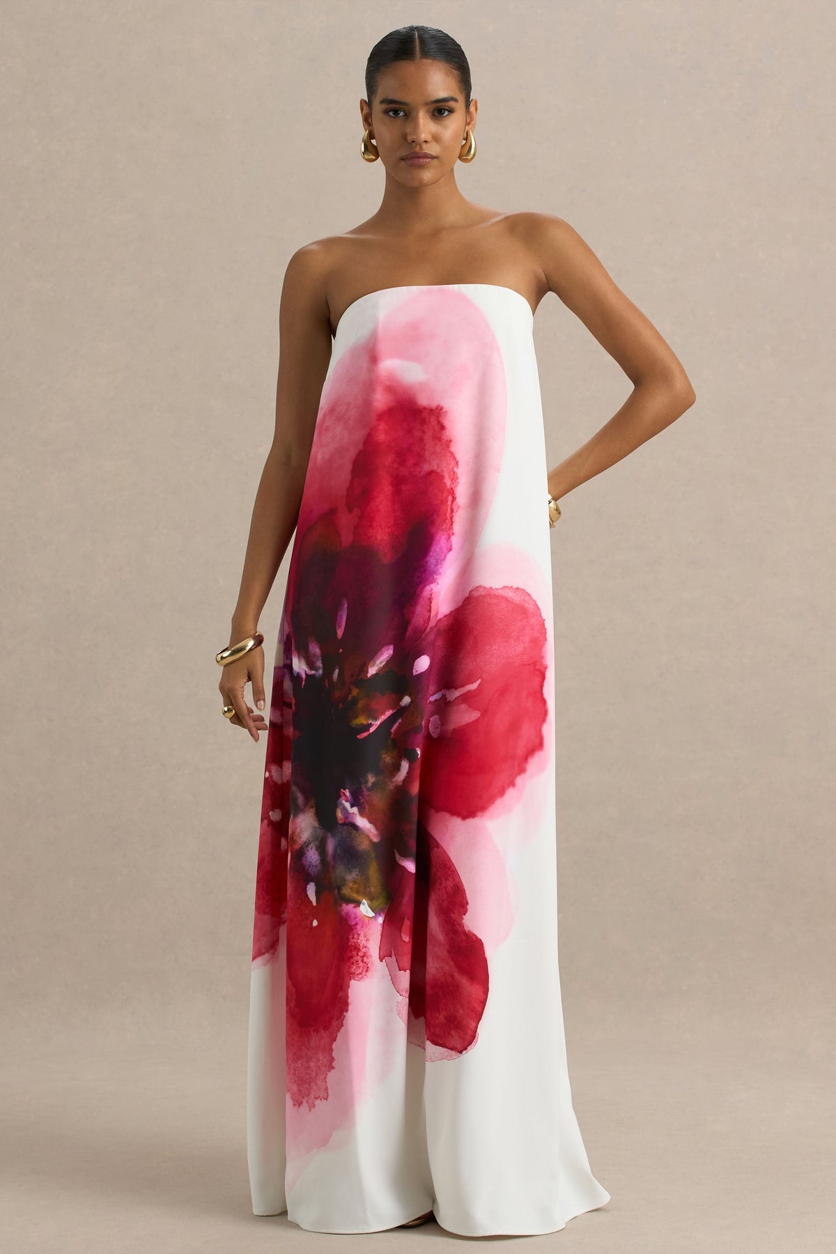 Breonna | Bright Pink Floral Placement Print Bandeau Maxi Dress