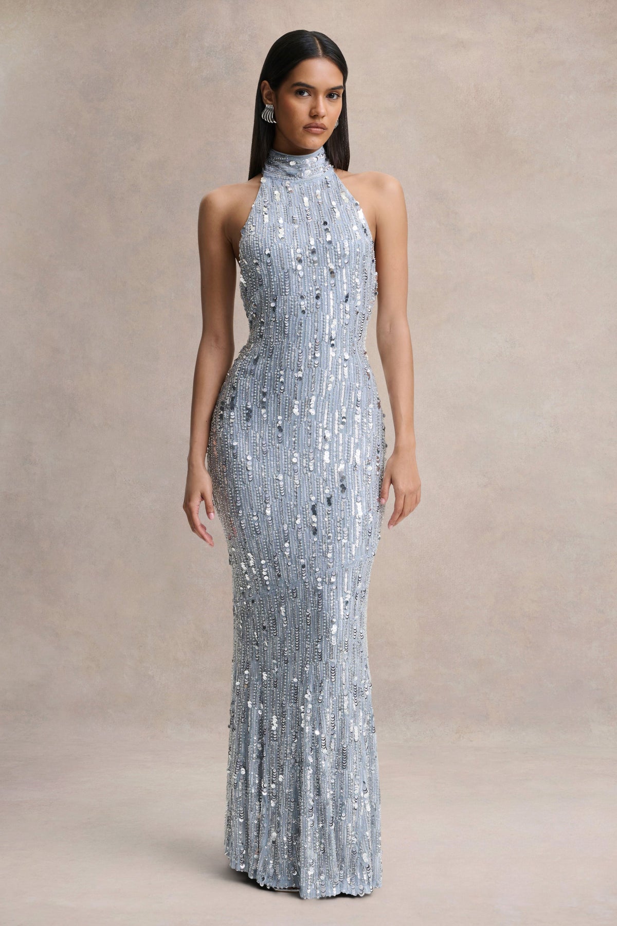 Zaira | Silver Sequin High-Neck Maxi Dress With Open-Back