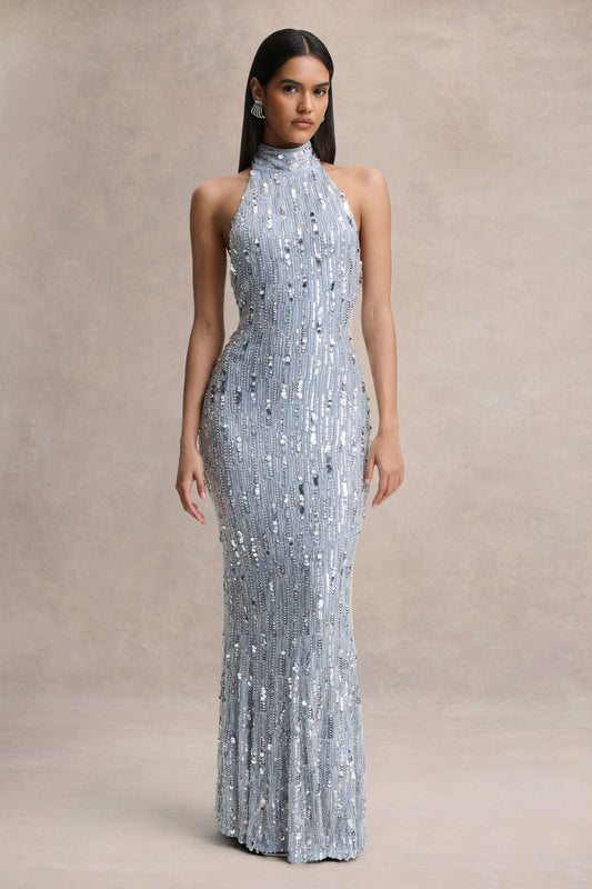 Zaira | Silver Sequin High-Neck Maxi Dress With Open-Back