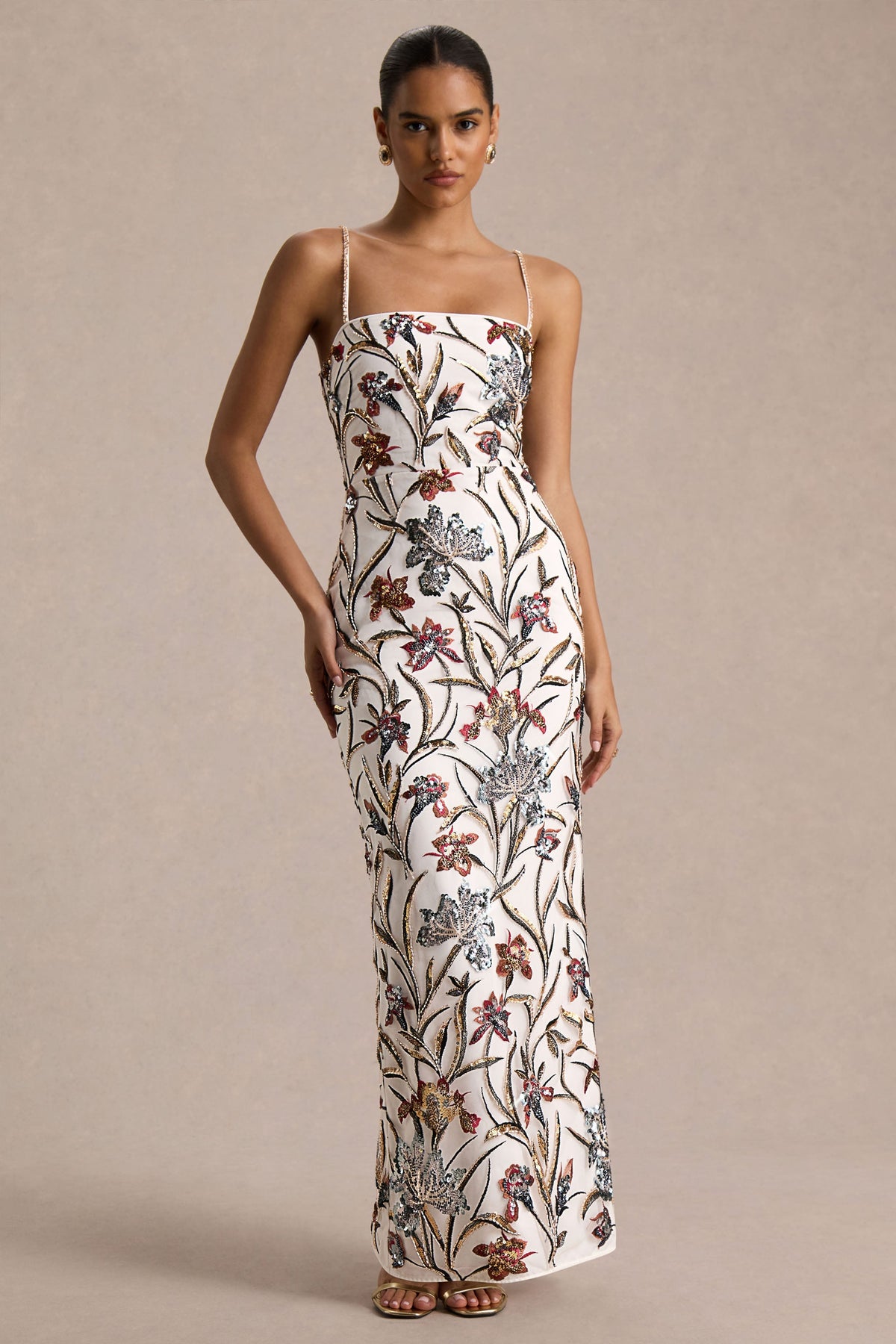 Kyle | Cream Sequin Floral Embellished Square-Neck Maxi Dress