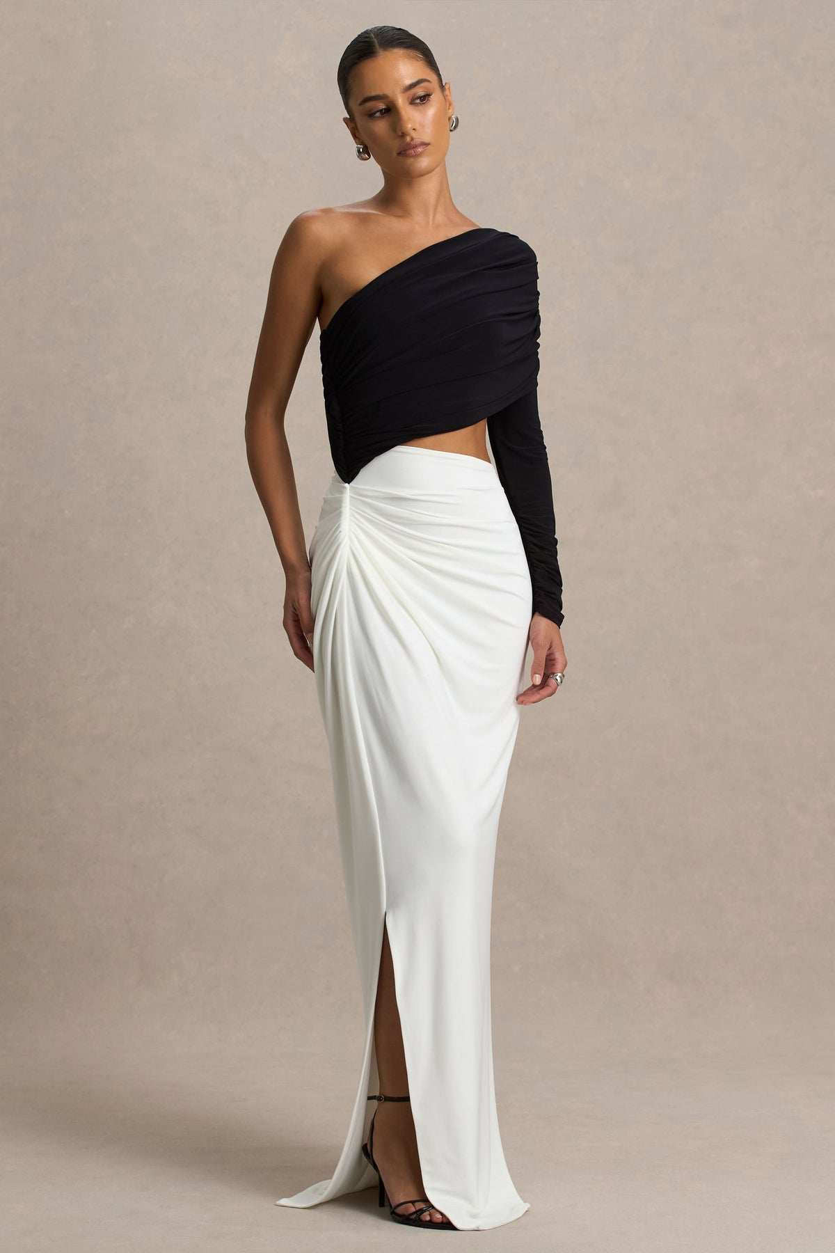 Malika | Black And White Asymmetric-Neck Maxi Dress With Body-Cut Out And Gathered Detailing