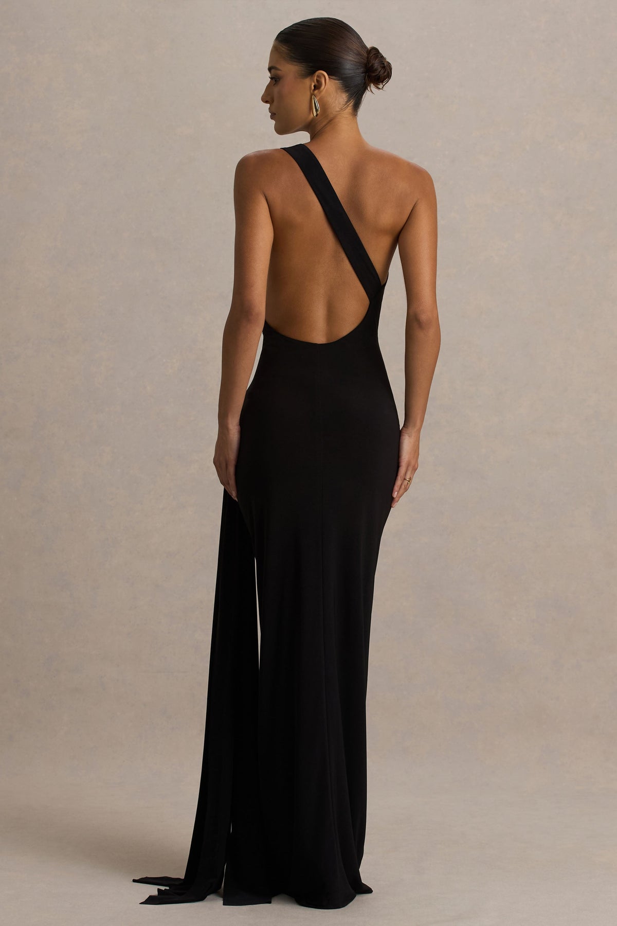 Bonnie | Black Asymmetric-Neck Maxi Dress With Open-Back